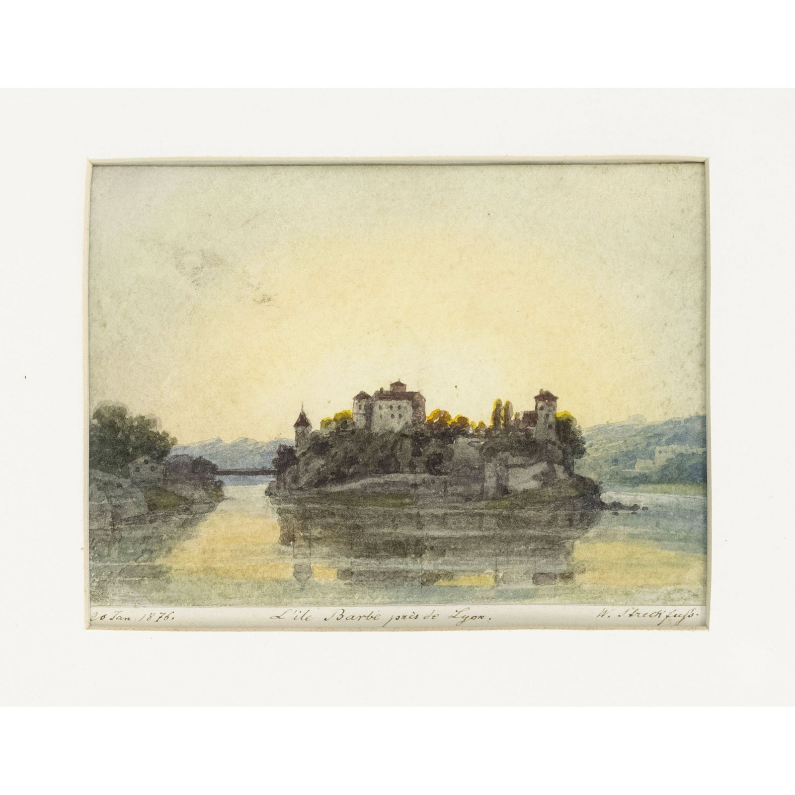 Wilhelm Streckfuss (1817-1896),: Wilhelm Streckfuss (1817-1896), German portrait and history painter, studied in Berlin and Düsseldorf under Carl Sohn. ''L'Île Barbe près de Lyon'', watercolor on paper, signed lower right, inscrib
