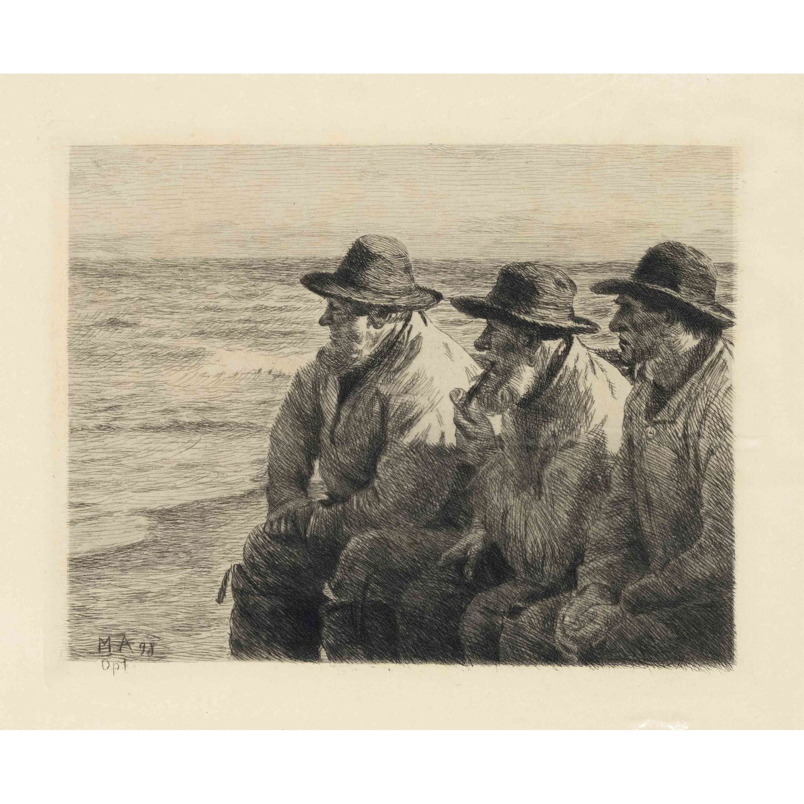 Michael Ancher (1849-1927), dre: Michael Ancher (1849-1927), drei Fischer auf das Meer blickend, etching on wove paper, 1898, monogrammed a. dated lower left in the plate, in the margin the dry stamp ''Kunst'', 19,5 x 24,5 cm, matted