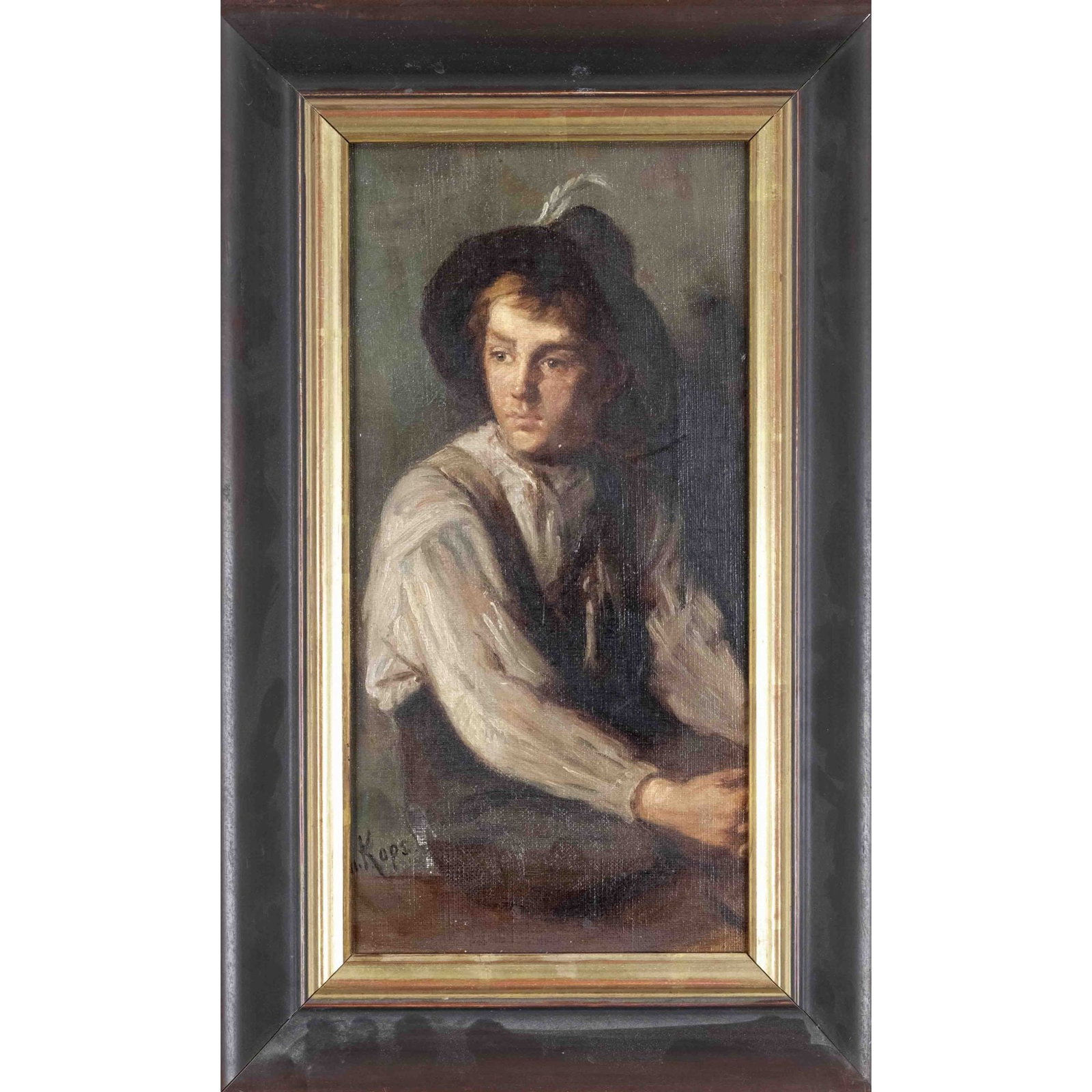 Mary John after Kaps/Kops, Port: Mary John after Kaps/Kops, Portrait of a boy with feathered hat, copy of a Mary John 1896 after a painter Kaps/Kops, verso inscribed on label, 30 x 16 cm, framed 39 x 24 cm