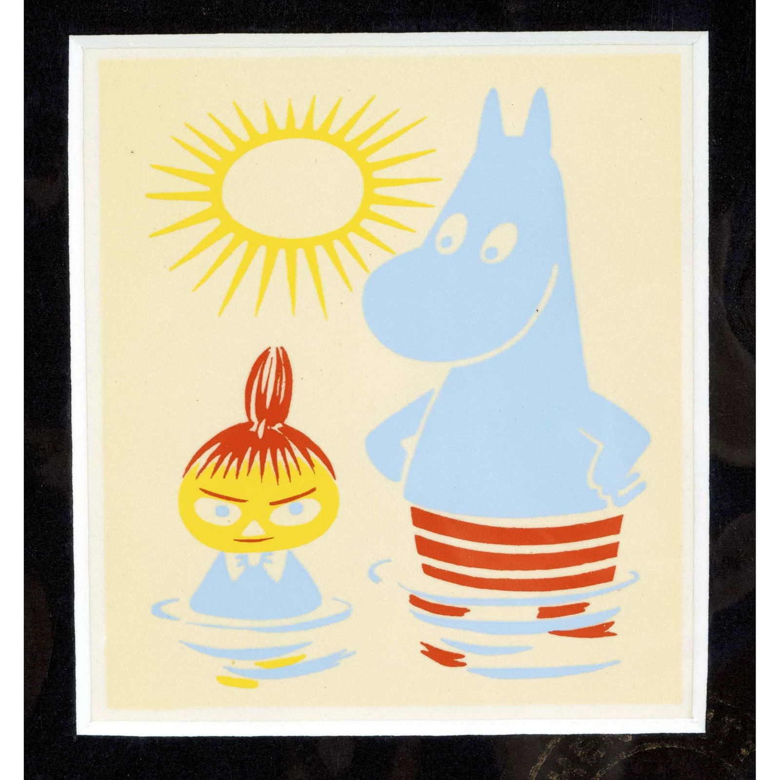 Tove Jansson (1914-2001), serie: Tove Jansson (1914-2001), series of four small color serigraphs of the Finnish-Swedish comic characters ''Moomins'', limited special edition of four authentic Moomin figures from the 1950s, mounted un