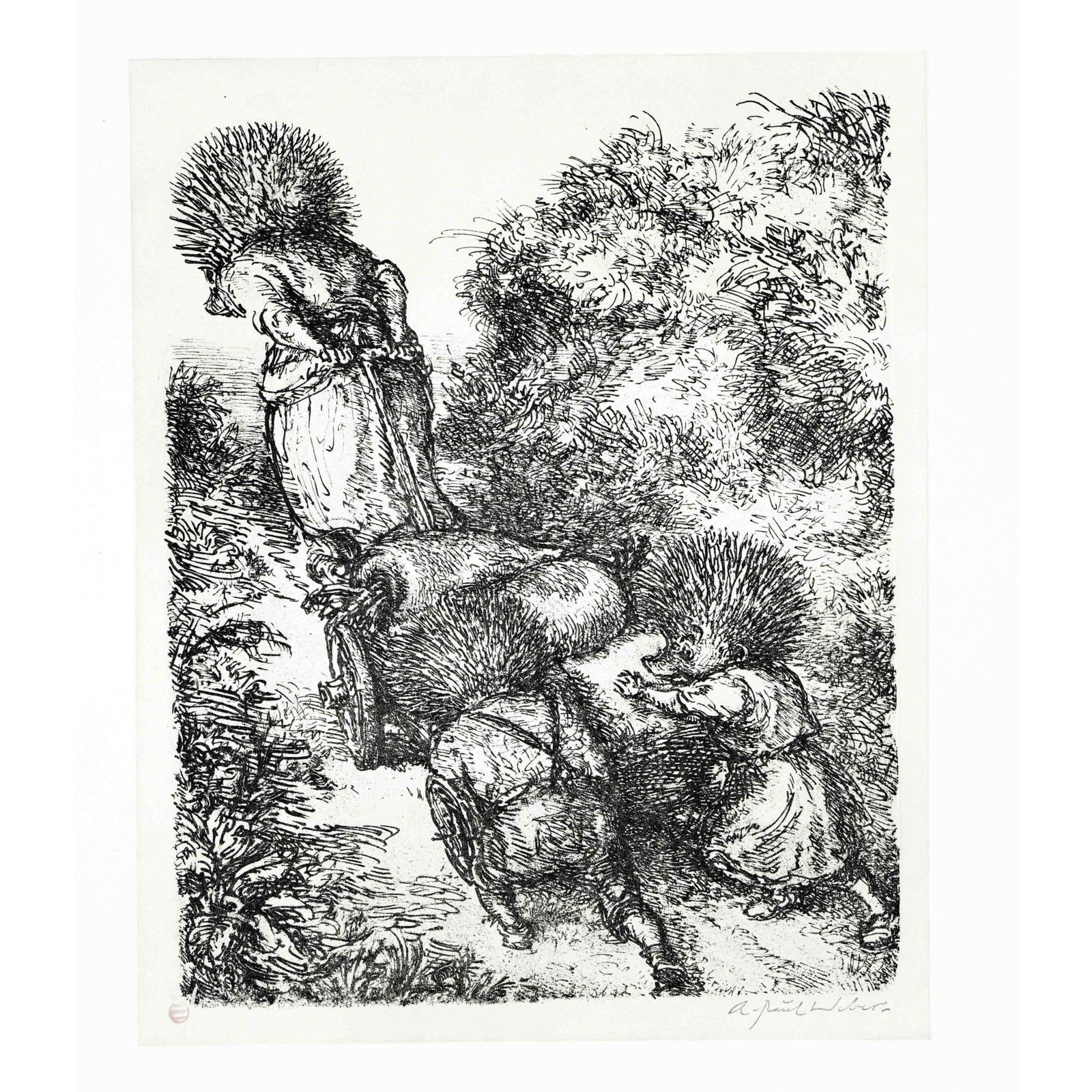 Andreas Paul Weber (1883-1980),: Andreas Paul Weber (1883-1980), bundle of 7 lithographs: 4 hedgehog motifs, 2 x fox motifs and 1 x woman with child on a horse, 2 x signed by hand, otherwise print signed with estate stamp verso, slig