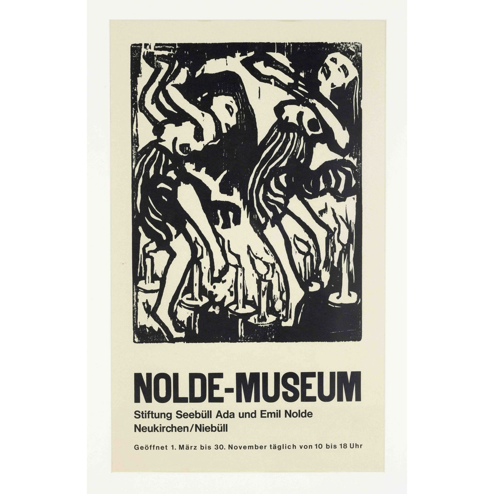 Emil Nolde (1867-1956), after.: Emil Nolde (1867-1956), after. Poster of the Nolde-Museum Stiftung Seebüll using an enlarged image of the woodcut ''Kerzentänzerinnen'', 38.5 x 29.5 cm, behind glass and passe-partout in a removable