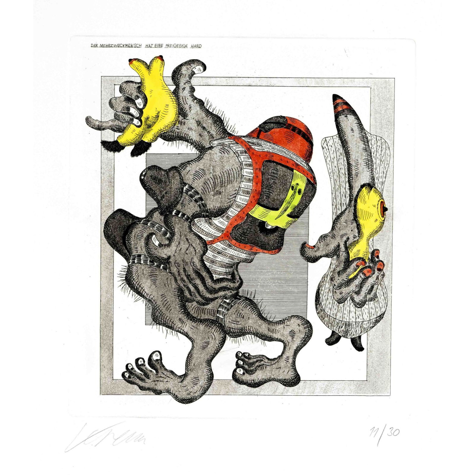 Hans Krenn (1932-2007), Austria: Hans Krenn (1932-2007), Austrian painter and graphic artist from the Vienna School of Fantastic Realism. Portfolio work ''Der Mehrzweckmensch'', seven etchings (two watercolors), Edition Abstracta, Fr