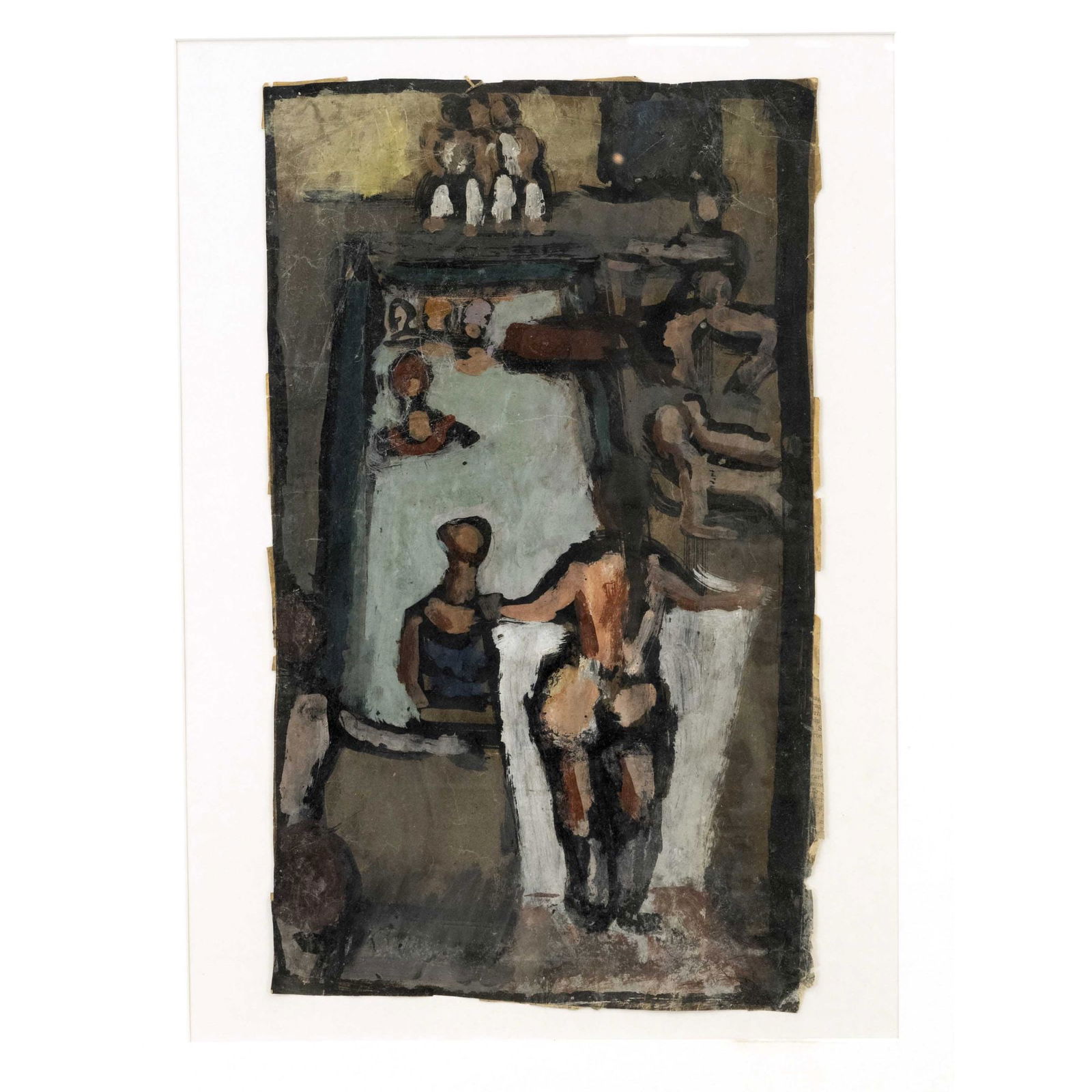 Paran G'Schrey (1927-1967), Ger: Paran G'Schrey (1927-1967), German painter with Indian roots. Studied under Willi Baumeister in Stuttgart, under Hans Kuhn and Karl Schmidt-Rottluff in Berlin. Im Freibad, tempera on paper with irregu