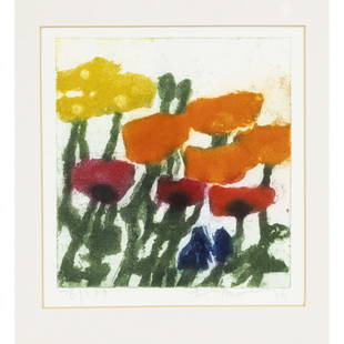 Klaus Fußmann (*1938), Blumenst: Klaus Fußmann (*1938), Blumenstück, color aquatint etching, signed and dated lower right (19976, numbered lower left 18/200, 20.5 x 19.5 cm, framed behind glass and passe-partout 41 x 34 cm