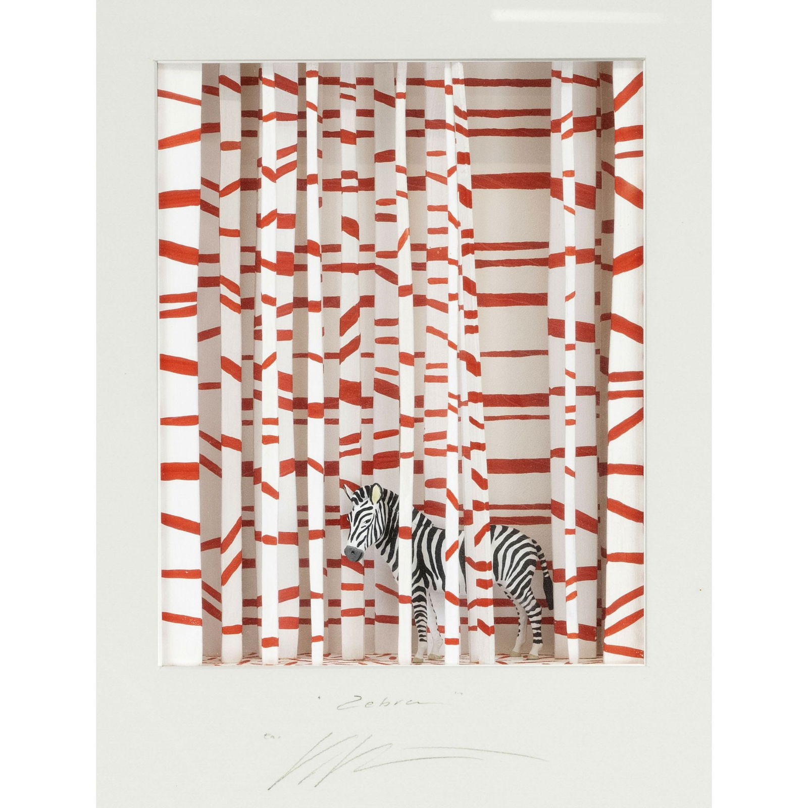 Volker Kühn (*1948), ''The gard: Volker Kühn (*1948), ''The garden of Buren'', homage to Daniel Buren, multiple diorama with zebra in red and white striped forest, various materials in box frame behind glass and passe-partout, signe