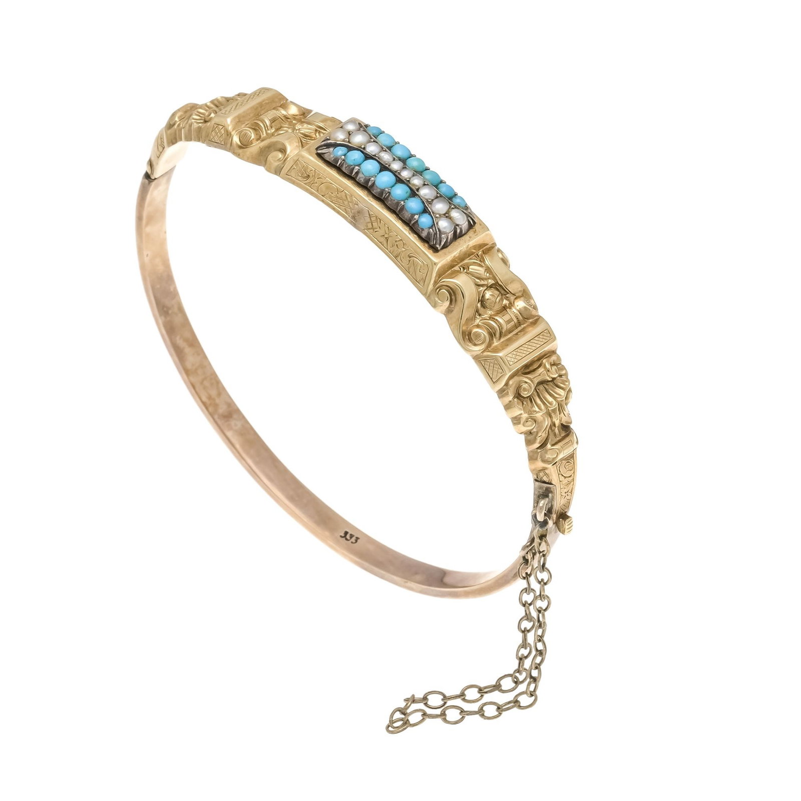 Biedermeier bangle circa 1850 F: Biedermeier bangle circa 1850 Foam gold GG 333/000 unmarked, tested, with modern replaced lower part GG 333/000 set with round turquoise cabochons & seed pearls, box clasp with SI chain, inside 61 x 5