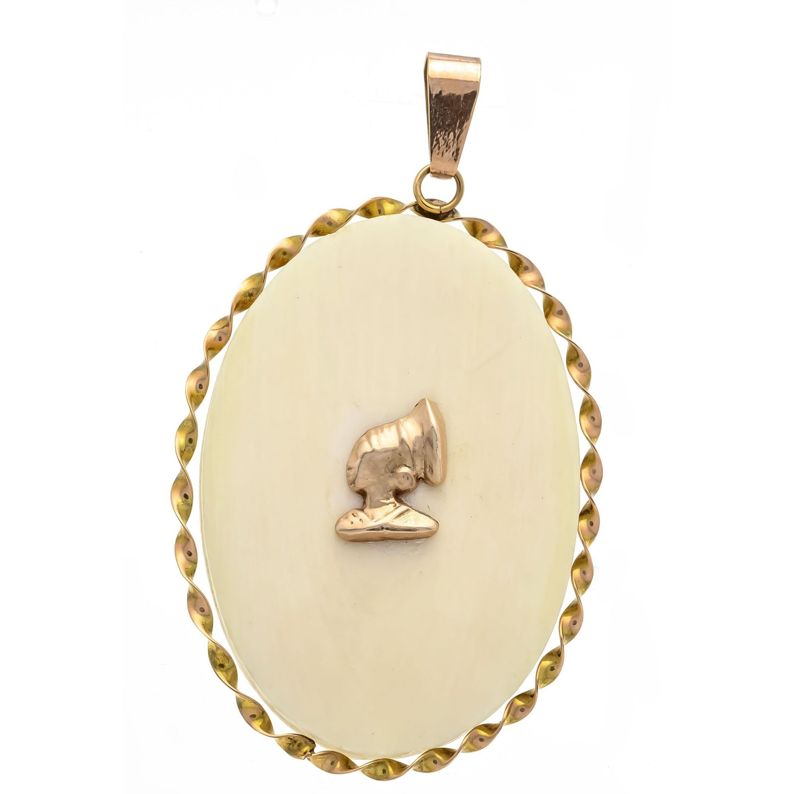 Bone pendant RG 585/000 oval bo: Bone pendant RG 585/000 oval bone plate 41 x 29 mm (plate loose in setting), with gold mounting in the shape of an antique portrait of a lady, l. 55 mm, 7.2 g