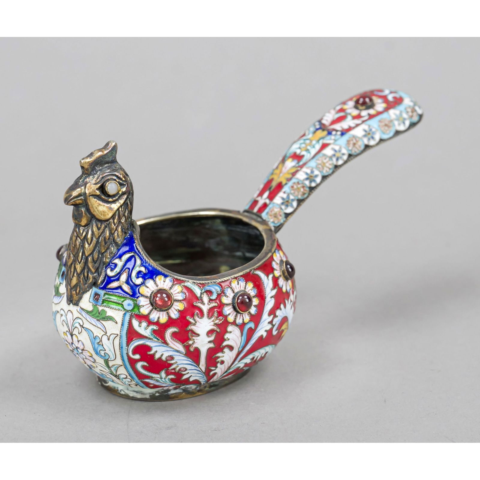 Kovsh, hallmarked Russia, marked Geb: Kovsh, hallmarked Russia, marked Gebr. Grachev, silver 84 zolotniki (875/000), in the shape of a hen, wall with rich polychrome enamel decoration (partly damaged) and glass stone trimming, l, 12.5 cm,