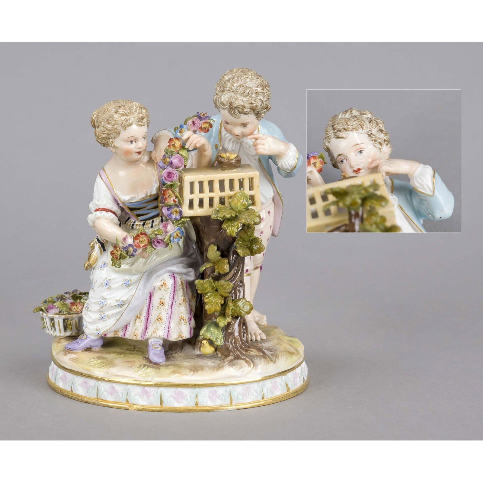 Allegory of Spring, Meissen, Knau: Allegory of Spring, Meissen, Knauff swords, mark 1850-1924, 1st choice, designed by Johann Carl Schönheit in 1782, model no. G.91, from a series of the four seasons, a pair of children with a bird's 