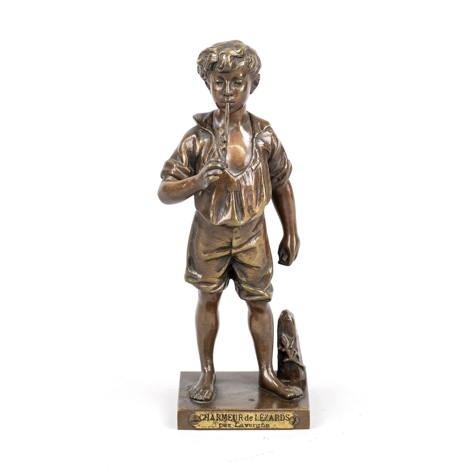 Adolphe Jean Lavergne (act.1863-1: Adolphe Jean Lavergne (act.1863-1928), ''Charmeur de Lézards'' boy with flute and lizard, brown patinated bronze, signed in the stand, inscribed on plaque, drilled hole in the plinth, h. 17 cm