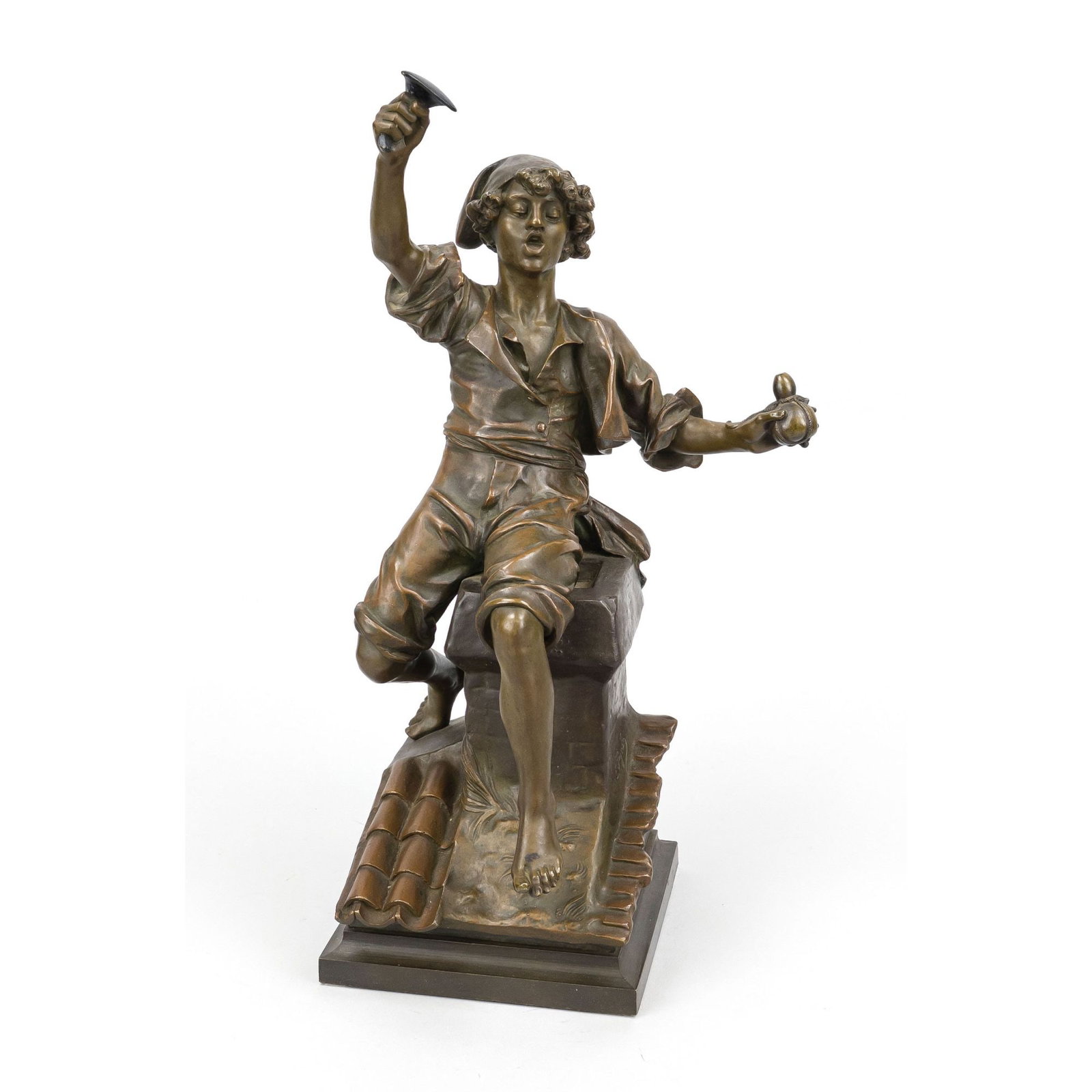 Émile Edmond Peynot (1850-1932),: Émile Edmond Peynot (1850-1932), Boy on a Chimney, pat. bronze, signed, h. 45 cm