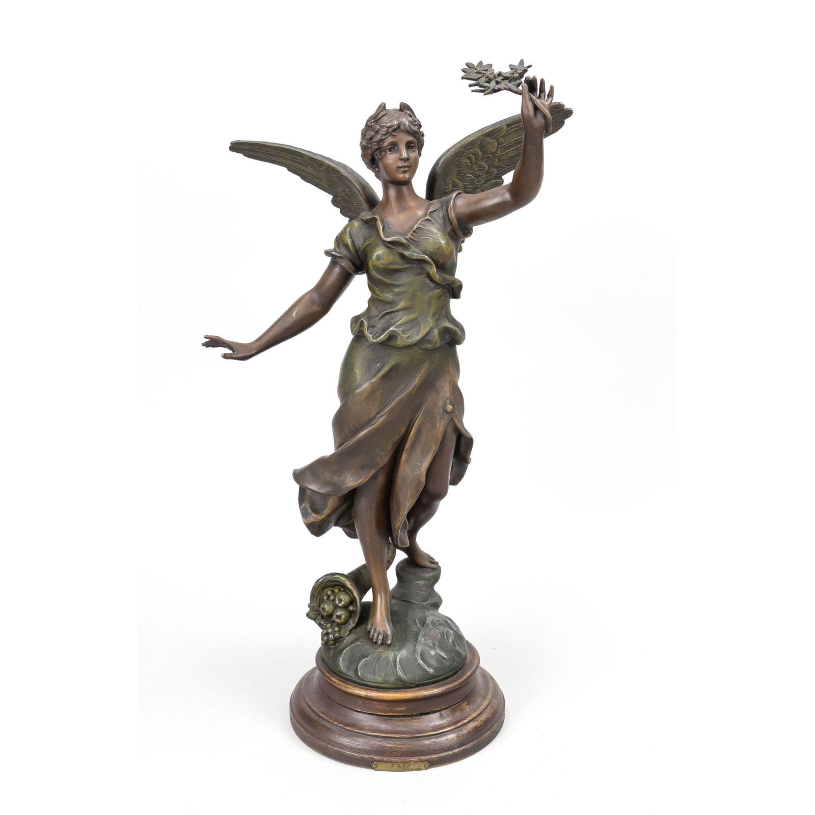 A.J. Scotte, French sculptor acti: A.J. Scotte, French sculptor active around 1900, winged Fama with laurel branch, two-tone patinated cast metal on wooden base, signed on stand, height 53.5 cm