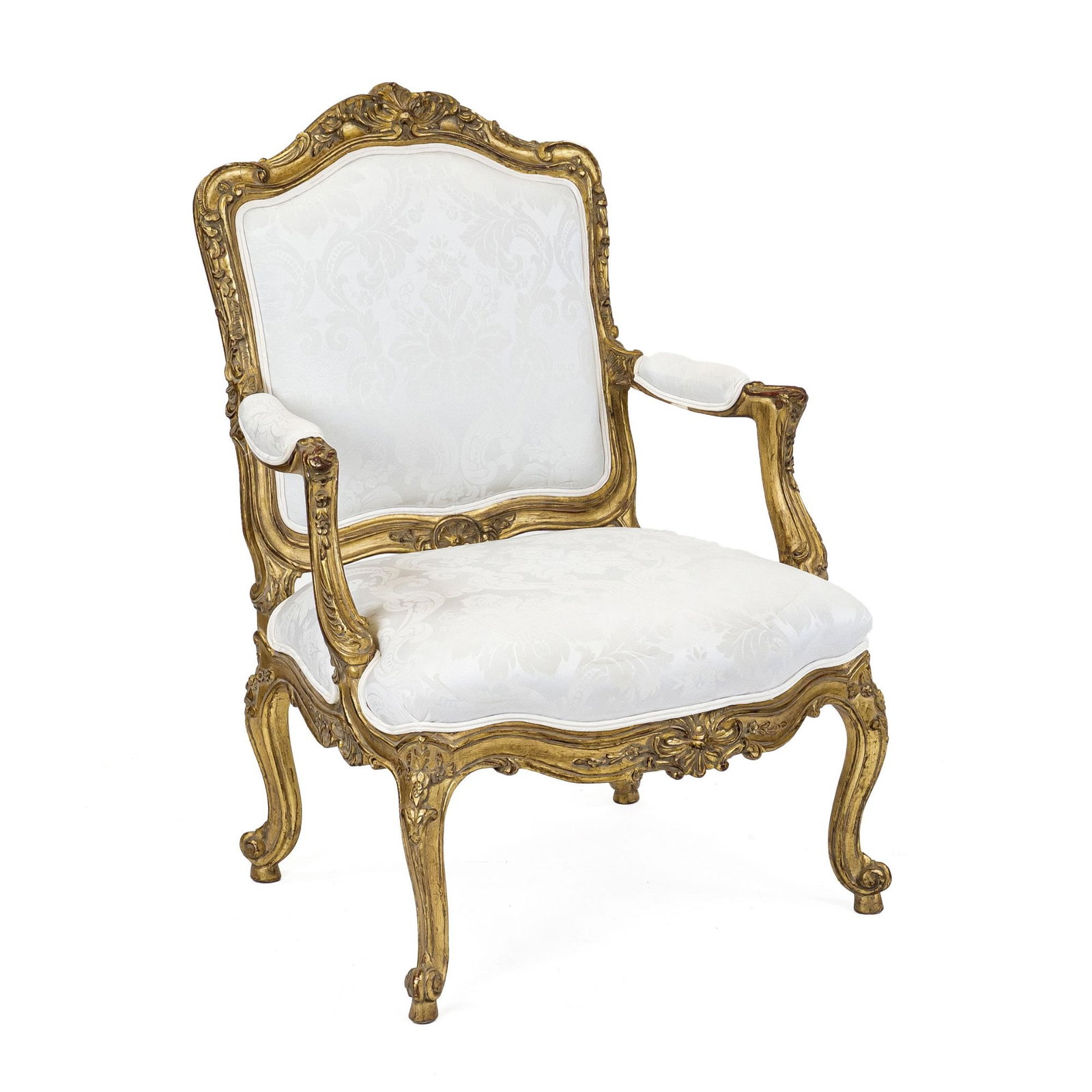 Louis Quinze-style armchair, 19th: Louis Quinze-style armchair, 19th century, carved and gilded beech wood, backrest with rocaille crowning, fitted, slightly curved frame on curved legs, cover with signs of wear, 106 x 76 x 77 cm - The