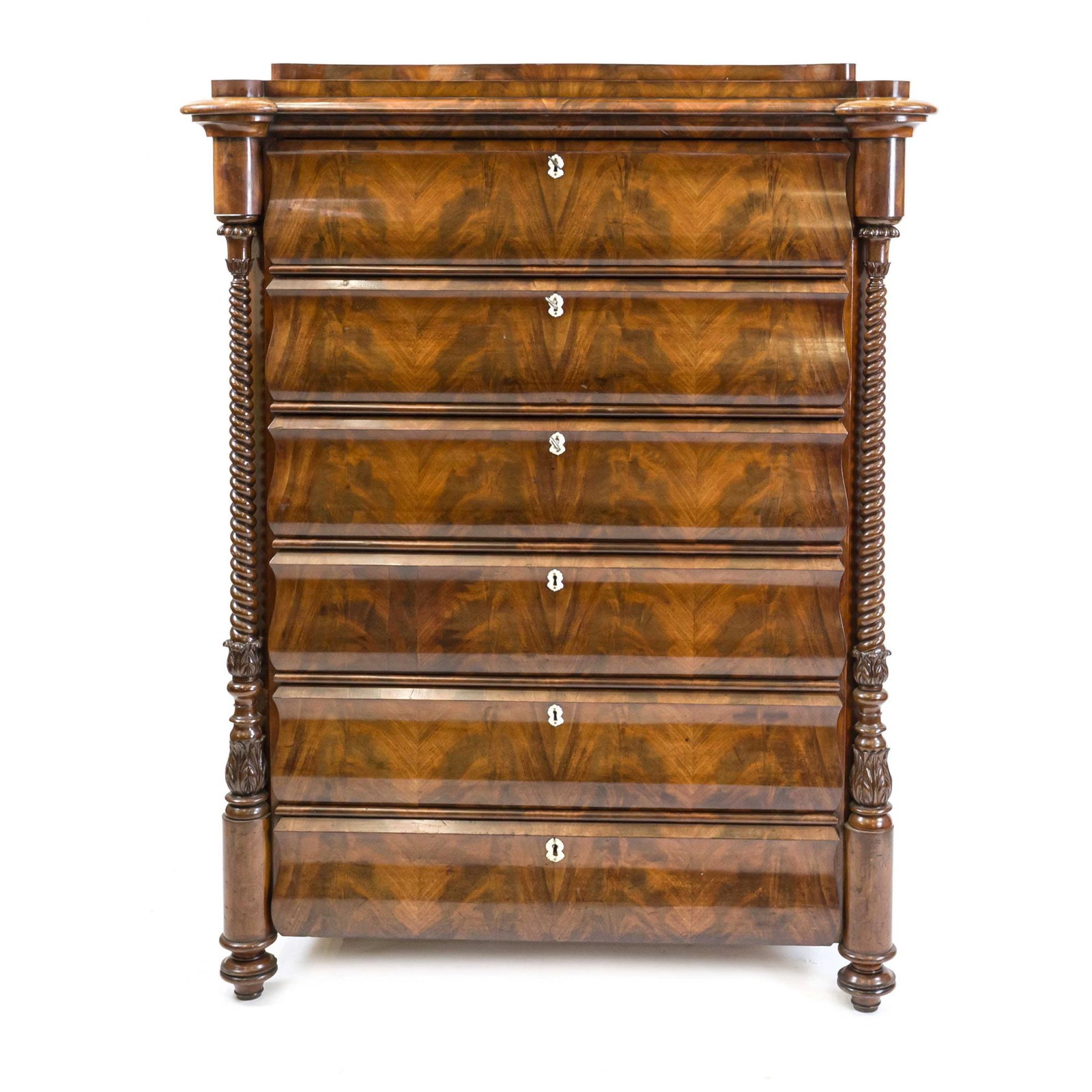 Late Biedermeier chiffonier/man's: Late Biedermeier chiffonier/man's chest of drawers, mid-19th century, mahogany, 6-bay body, one drawer with writing tablet, 150 x 115 x 56 cm. - The furniture is not in our premises, but in other Berl