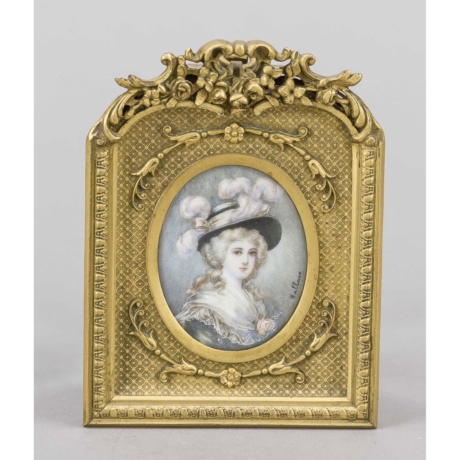Miniature, 19th century, polych: Miniature, 19th century, polychrome tempera painting on bone plate, unopened, oval portrait of an elegant lady with feathered hat and a rose in the neckline, signed ''Hallais'' lower right, behind gla