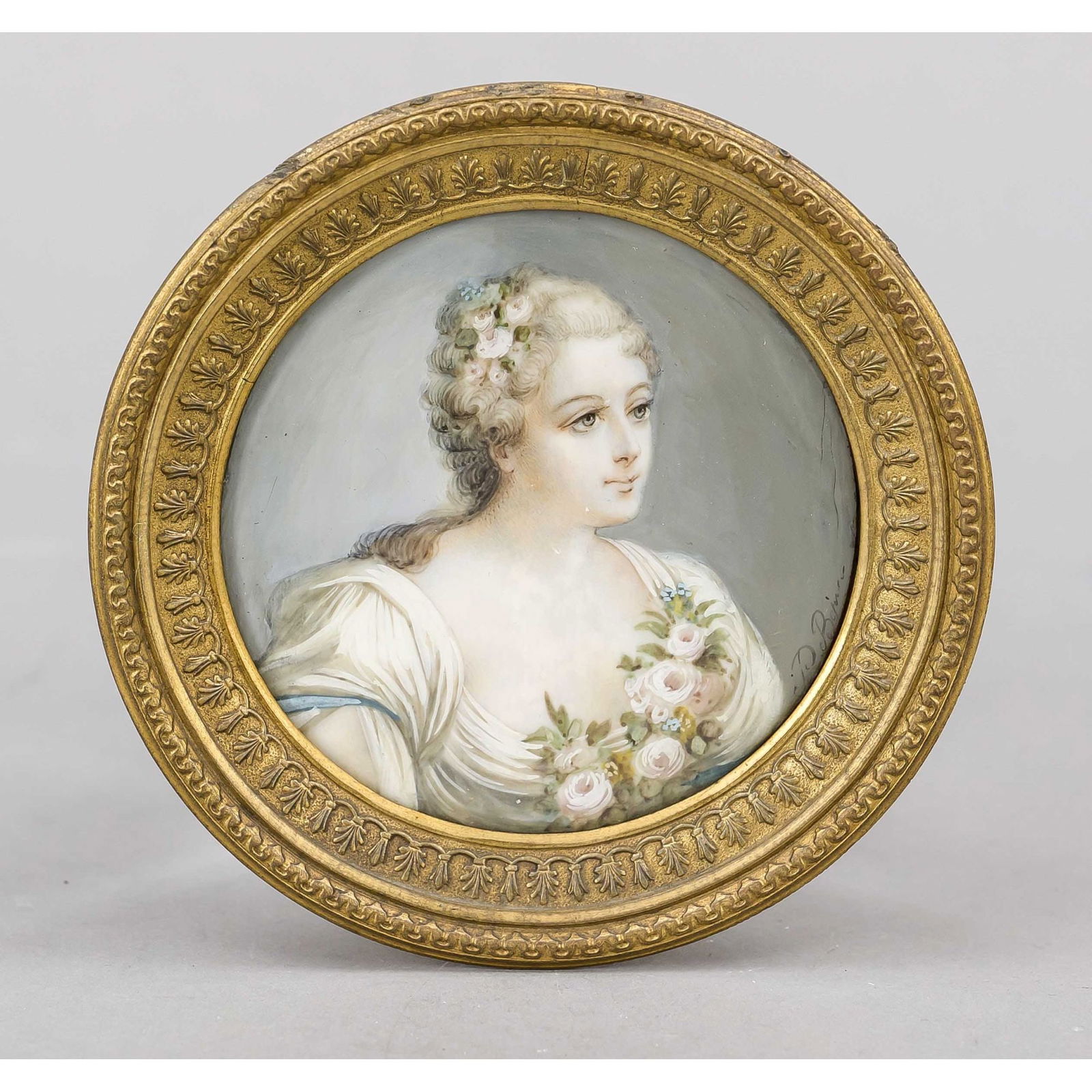 Miniature, 19th century, polych: Miniature, 19th century, polychrome tempera painting on bone plate, unopened, round portrait of a lady in a white robe with flowers in her hair and décolleté, indistinctly signed lower right ''P. Be