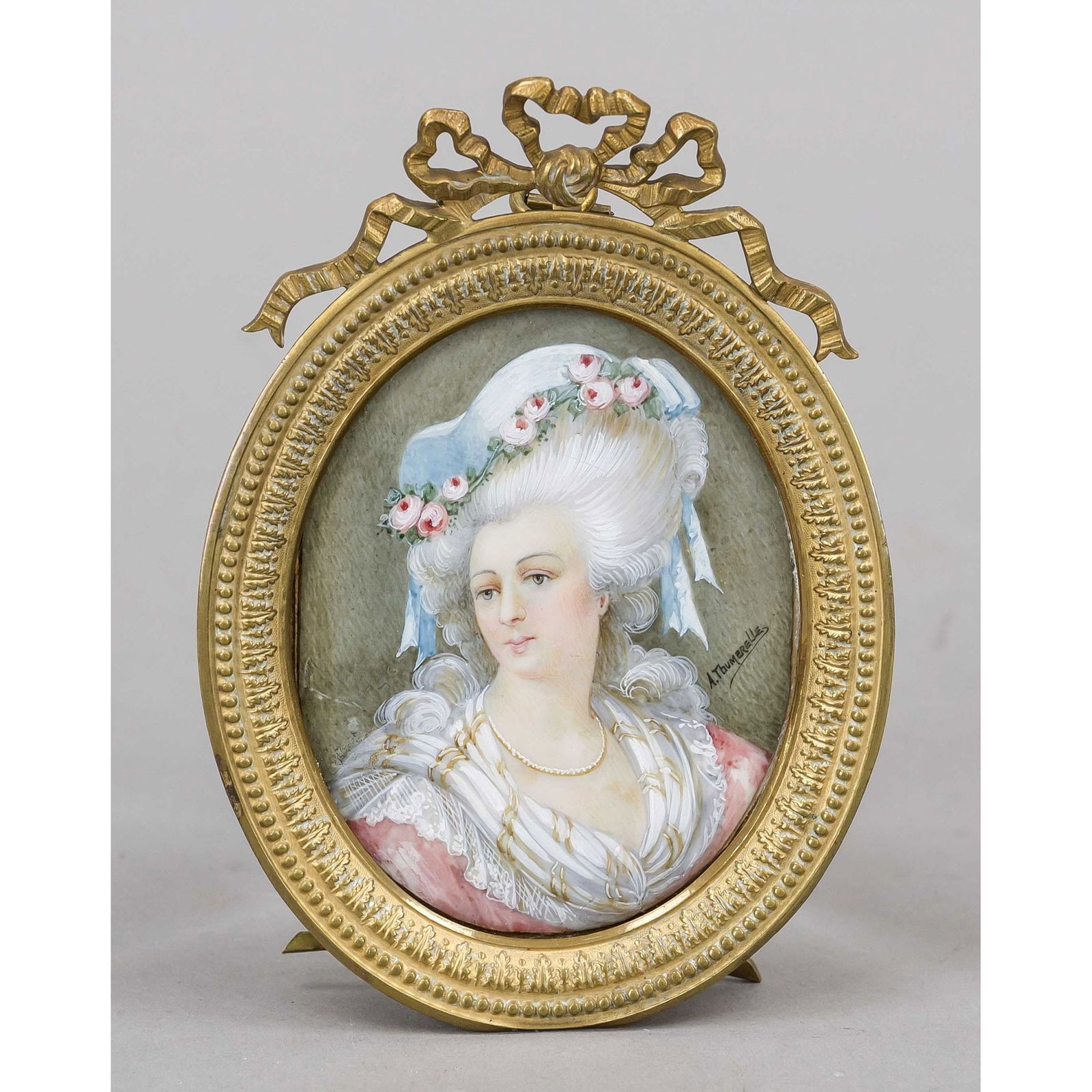 Miniature, France, 19th century: Miniature, France, 19th century, polychrome tempera painting on bone plate, unopened, oval portrait of a lady with blue hat and flowers in her hair, signed ''A. Thumerelle'', behind glass in ornamente