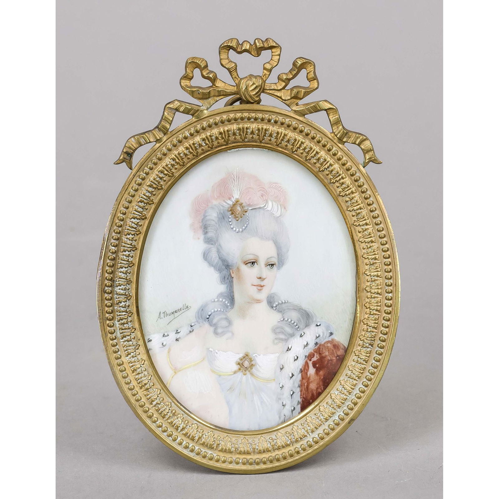 Miniature, France, 19th century: Miniature, France, 19th century, polychrome tempera painting on bone plate, unopened, oval portrait of a lady with ermine coat and feather decoration in her hair, signed ''A. Thumerelle'', behind glas