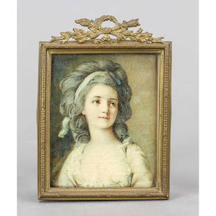 Miniature, 20th century, reprod: Miniature, 20th century, reproduction print on card, oval portrait of Countess Potocka in a blue gown, after a pastel by Anton Graff, behind glass in a multi-profiled metal frame with loop attachment,