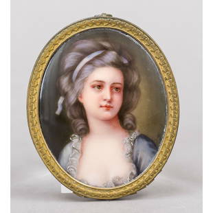 Miniature, probably 20th centur: Miniature, probably 20th century, polychrome painting on porcelain, oval portrait of Countess Potocka in a blue gown, after a pastel by Anton Graff, in an ornamented metal frame, slightly rubbed aroun