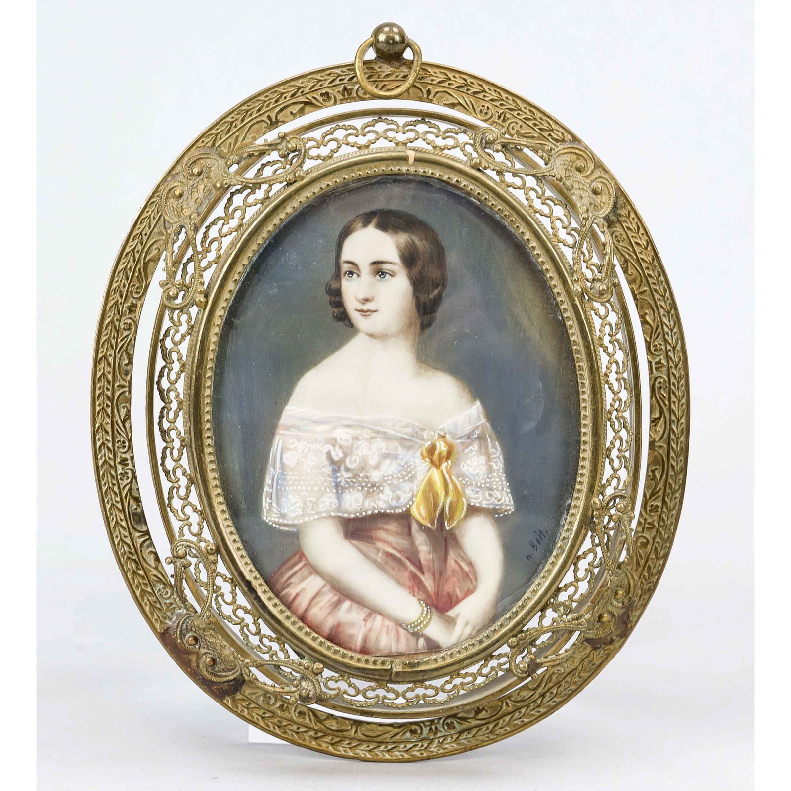 Miniature, 19th century, polych: Miniature, 19th century, polychrome tempera painting on bone plate, unopened, oval portrait of a young lady, after a portrait by Charles Boit, behind glass in an open-worked, finely ornamented frame, 
