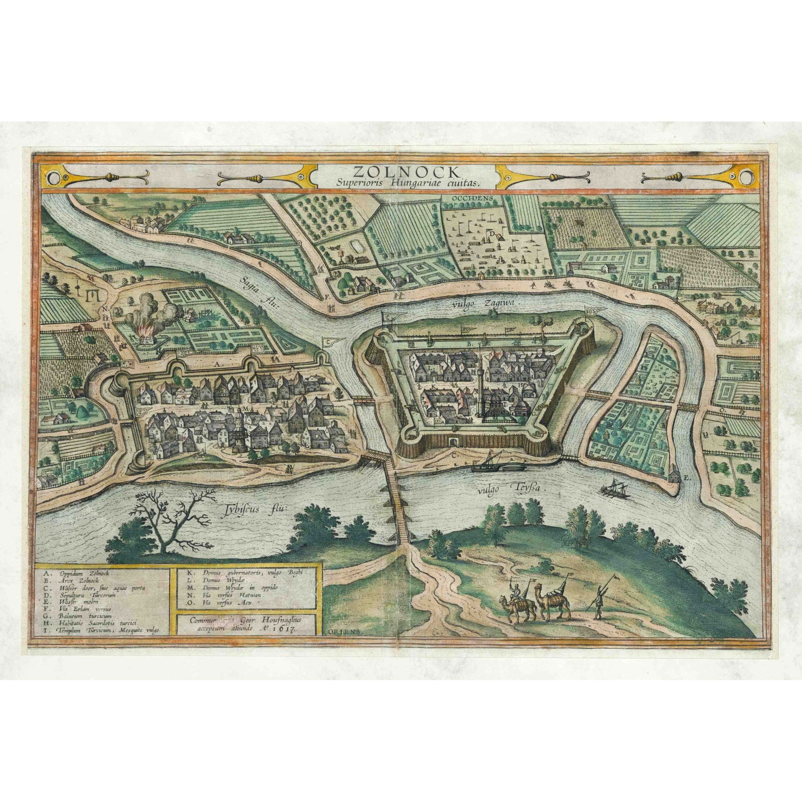 Hungary -- Szolnok (Zolnock),: Hungary -- Szolnok (Zolnock), bird's eye view, old col. Copper engraving from ''Civitates Orbis Terrarum'' by Braun and Hogenberg c. 1620, 33 x 50 cm, framed behind glass and passepartout (stained) 50