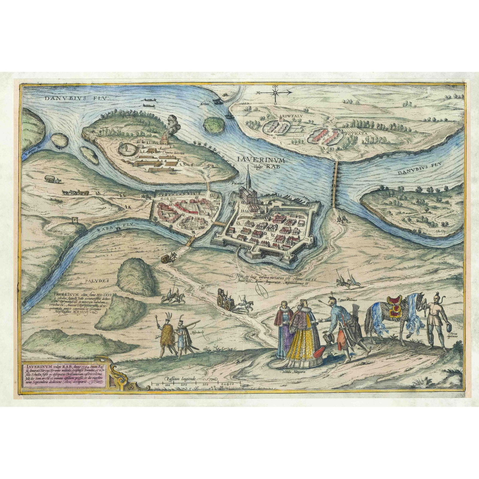 Hungary -- Györ (Iaverinum vul: Hungary -- Györ (Iaverinum vulgo Rab), bird's eye view, old col. Copper engraving from ''Civitates Orbis Terrarum'' by Braun and Hogenberg around 1620, 35 x 51 cm, framed behind glass and passepartou