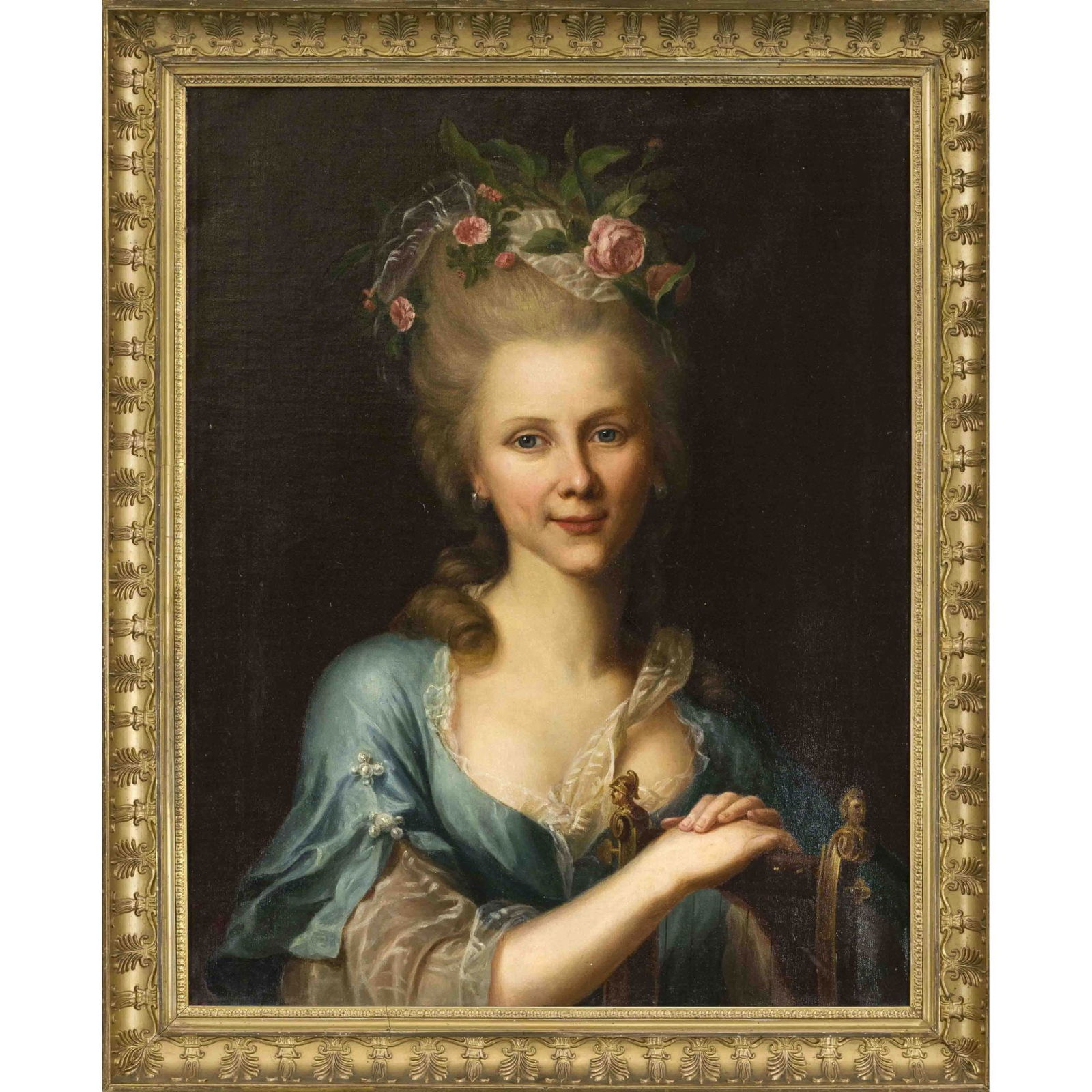 Johann Heinrich Tischbein the: Johann Heinrich Tischbein the Elder (1722-1789), Circle, Portrait of the Poet Philippine Engelhard, née Gatterer, bust portrait of the Göttingen lyricist in a pearl-studded blue gown with flowers in