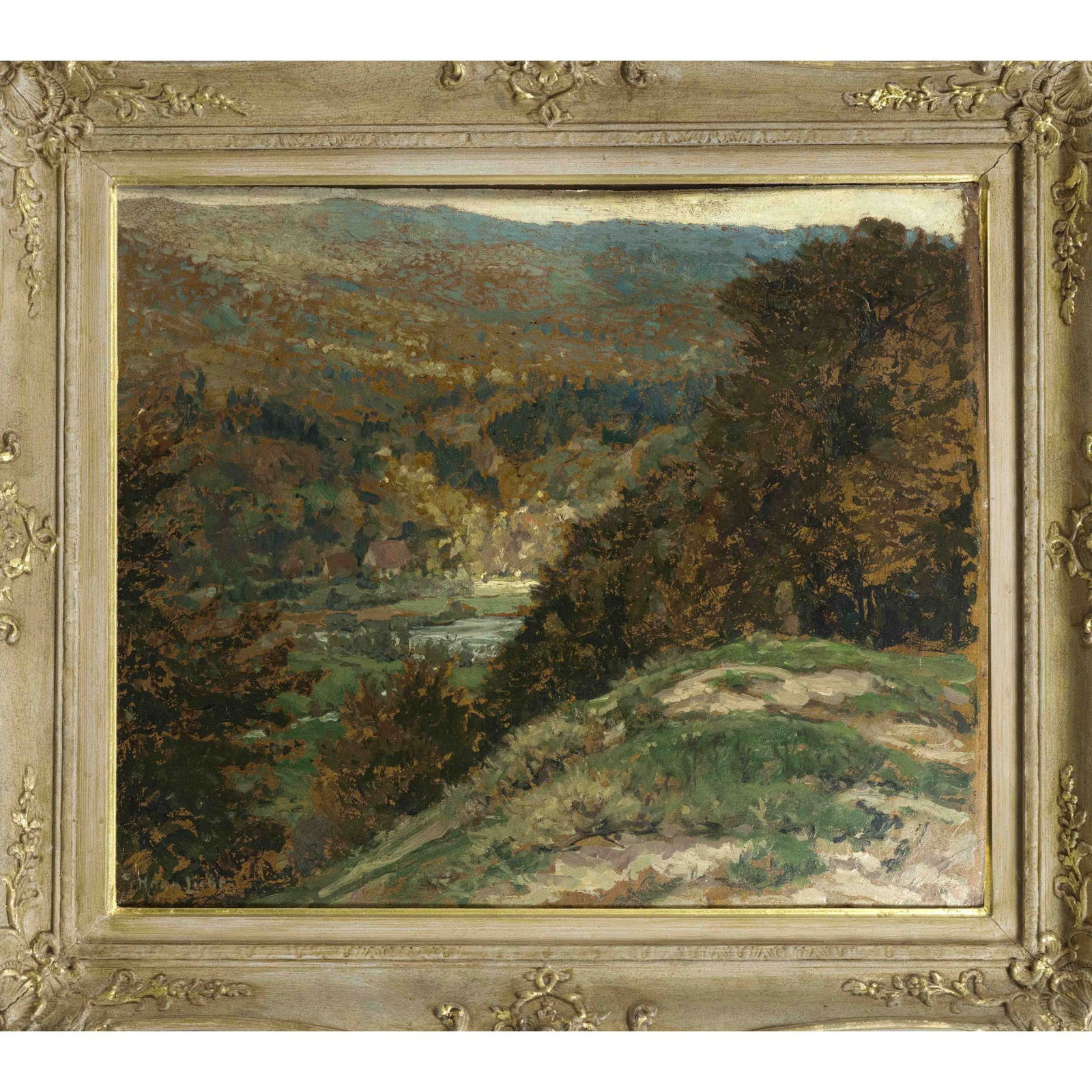 Hans Licht (1876-1935), German I: Hans Licht (1876-1935), German Impressionist landscape painter, studied in Berlin under Bracht and Hertel. Impressionist low mountain landscape, oil/cardboard, signed lower left, cardboard more strong