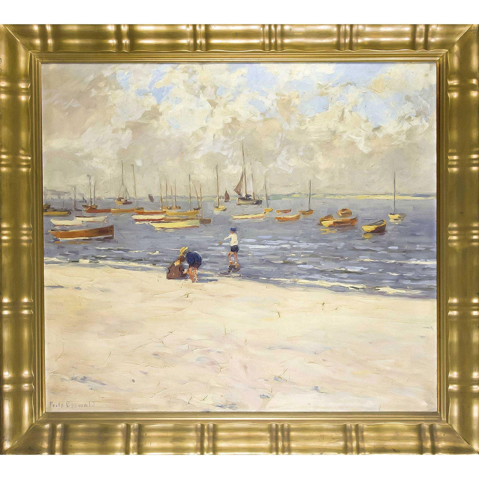 Fritz Osswald (1878-1966), Swiss: Fritz Osswald (1878-1966), Swiss painter of German Impressionism, large beach scene with numerous boats, oil on canvas signed lower left, 85 x 100 cm, framed 105 x 120 cm
