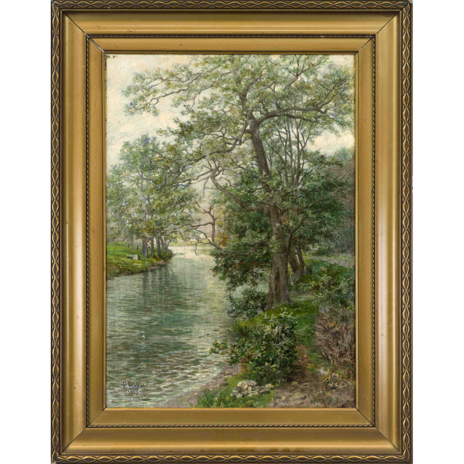 Paul Franz Flickel (1852-1903),: Paul Franz Flickel (1852-1903), baumbestandenes Flußufer, oil on canvas, signed and dated 1903 lower left, 70 x 50 cm, framed 87 x 66 cm