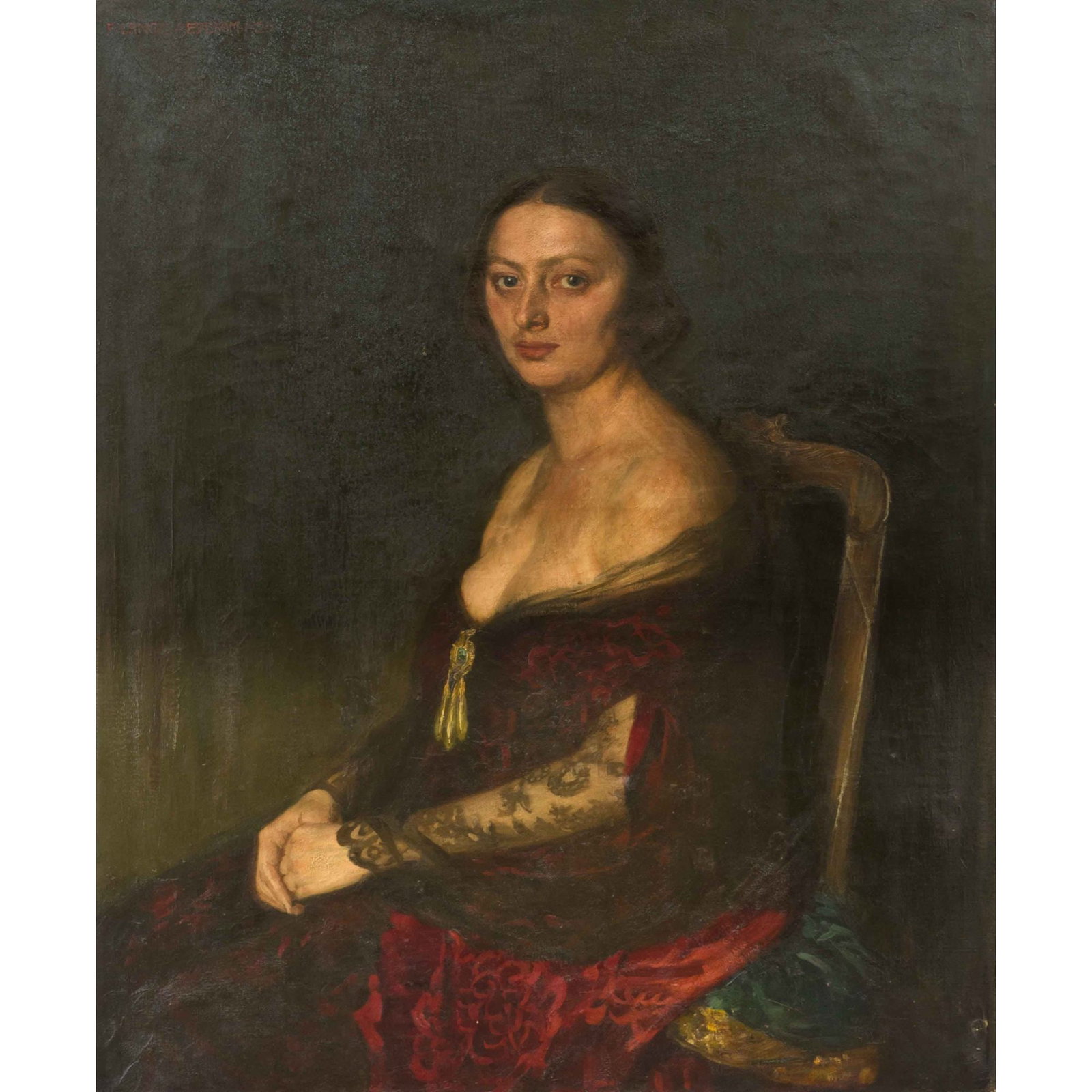 Fritz Lange-Dedekam (1851-?), la: Fritz Lange-Dedekam (1851-?), large portrait of a seated woman in a red dress, oil on canvas, signed and dated 1924 top left, numerous patches with retouches, unframed, 115 x 93 cm