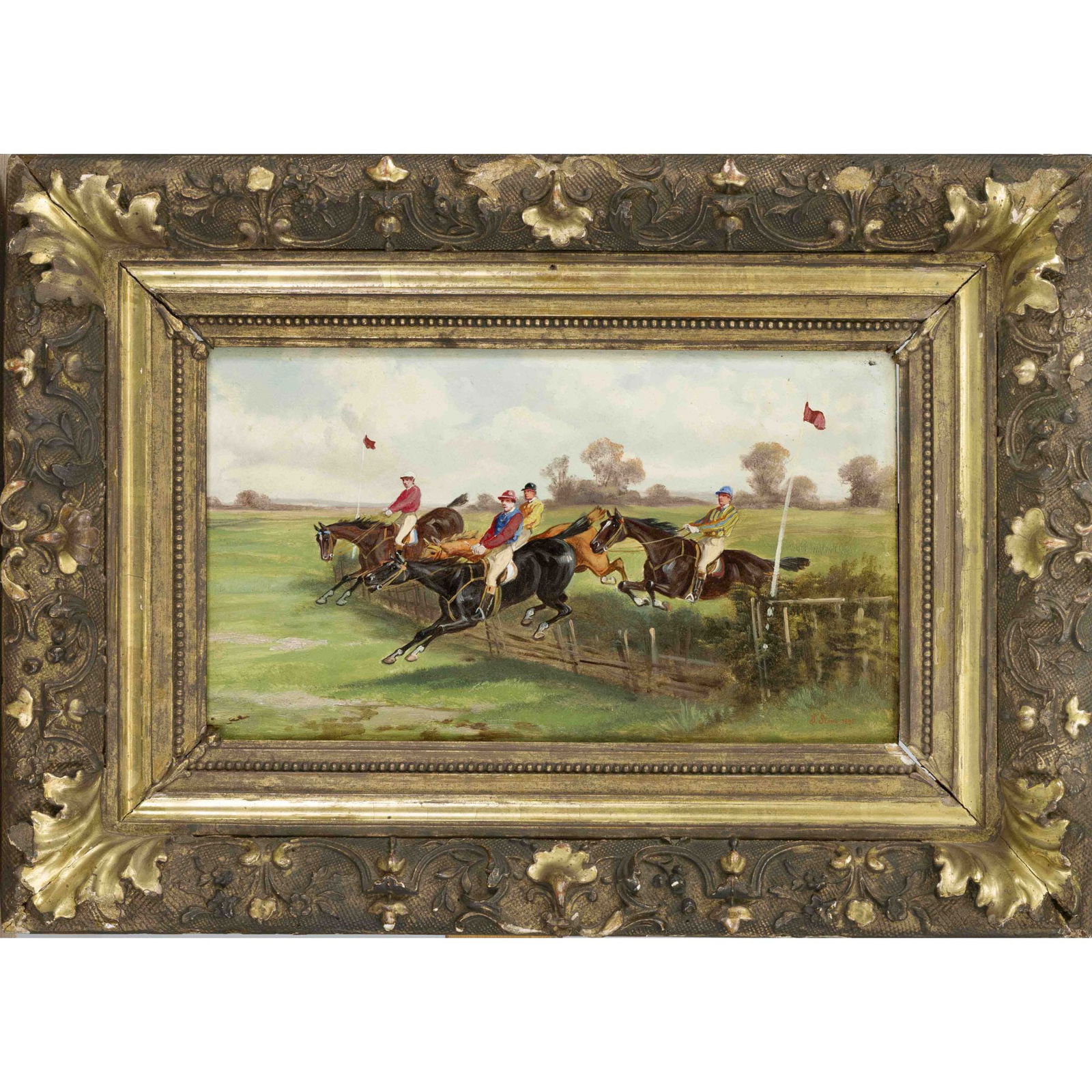 J. Stone, English painter late 1: J. Stone, English painter late 19th century, Show jumper on the course, oil on wood, signed and dated ''J. Stone 1895'' lower right, 20 x 31 cm, framed 35 x 47 cm