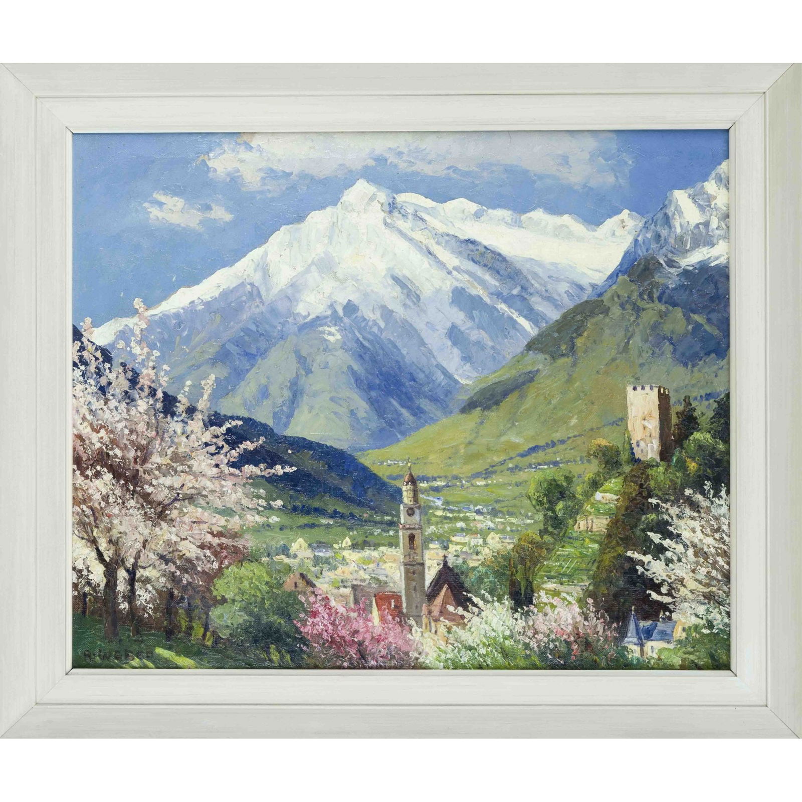 R. Weber, South Tyrolean landsca: R. Weber, South Tyrolean landscape with a view of Merano, oil on canvas, signed lower left ''R. Weber'', probably Robert Weber (1830-1890), 42 x 50 cm, framed 51 x 60 cm