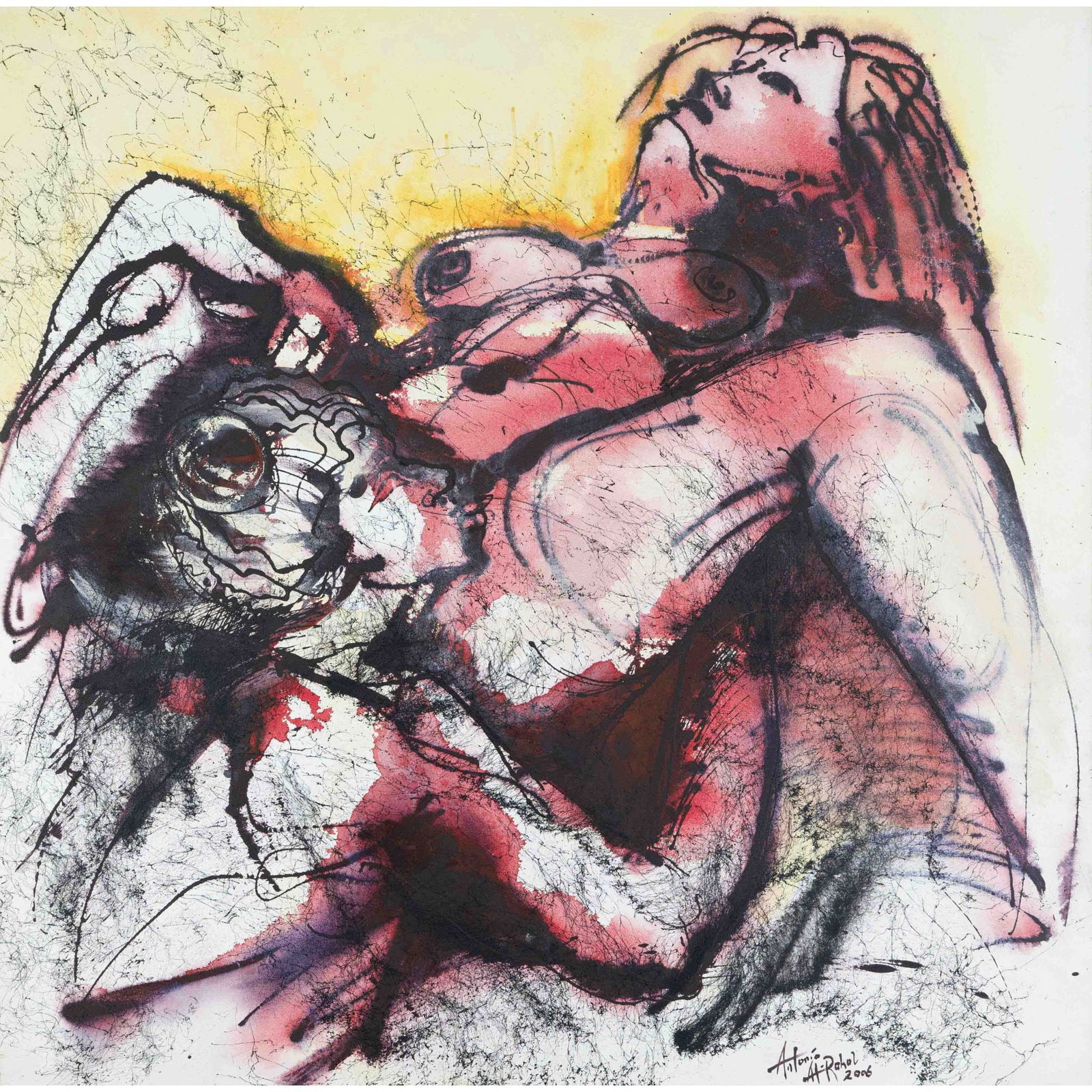 Antonio Al-Rahal, contemporary a: Antonio Al-Rahal, contemporary artist, lesbian lovers, mixed media on canvas, signed and dated lower right 2006, 100 x 100 cm