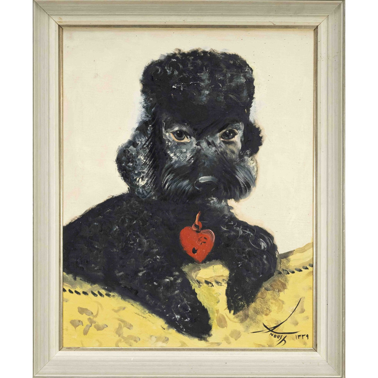 Anoush Rahnarvardkar (1924-1983): Anoush Rahnarvardkar (1924-1983), Iranian artist who studied in Tehran and worked in Munich from 1971. Portrait of a black poodle with a heart pendant, oil on cardboard, signed lower right, ''Anoush''