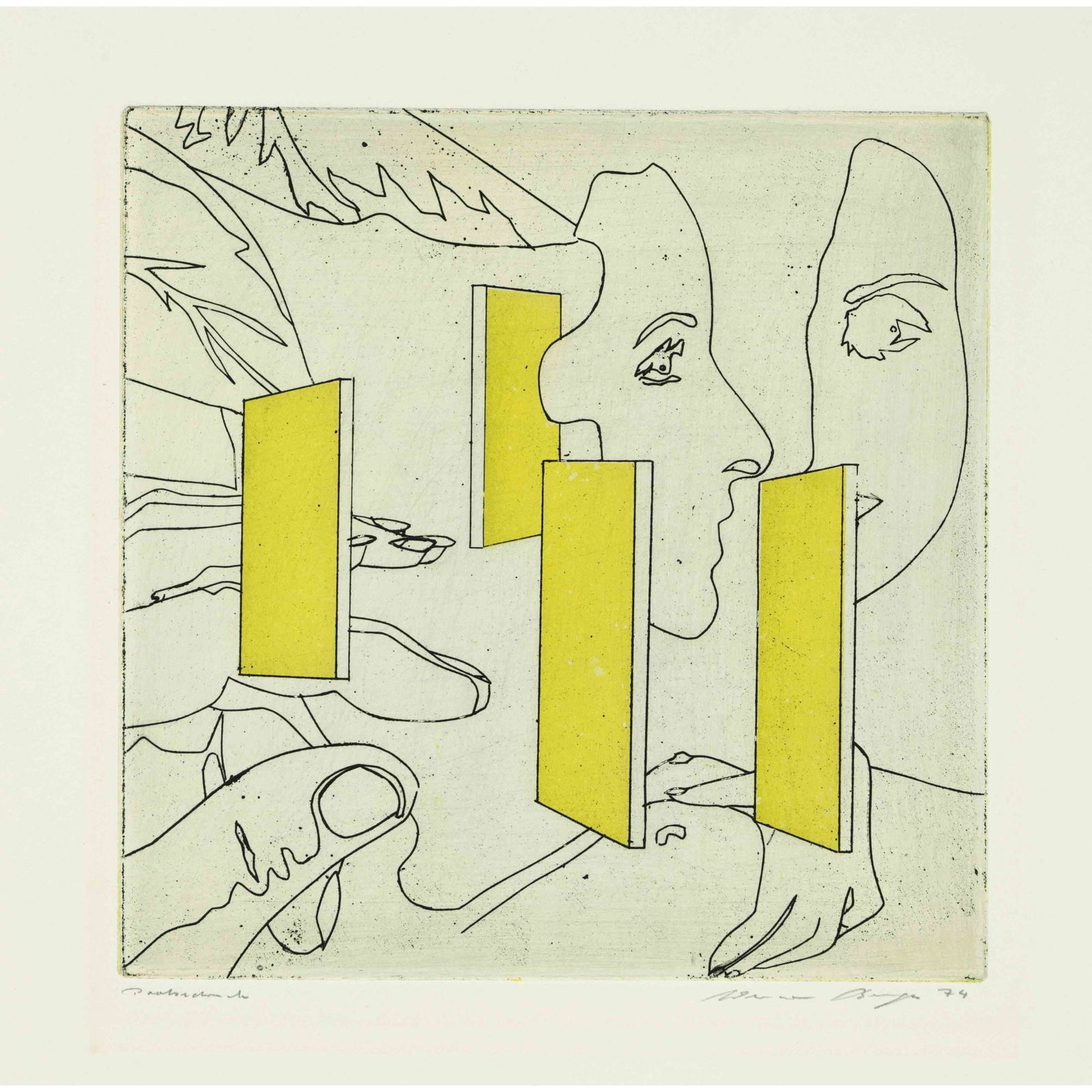 Werner Berges (1941-2015), ''Gru: Werner Berges (1941-2015), ''Gruß aus Cadaqués'', rare color etching with female nude, two faces and yellow steles, signed and dated (19)74 lower right, inscribed as proof lower left, minimal light-