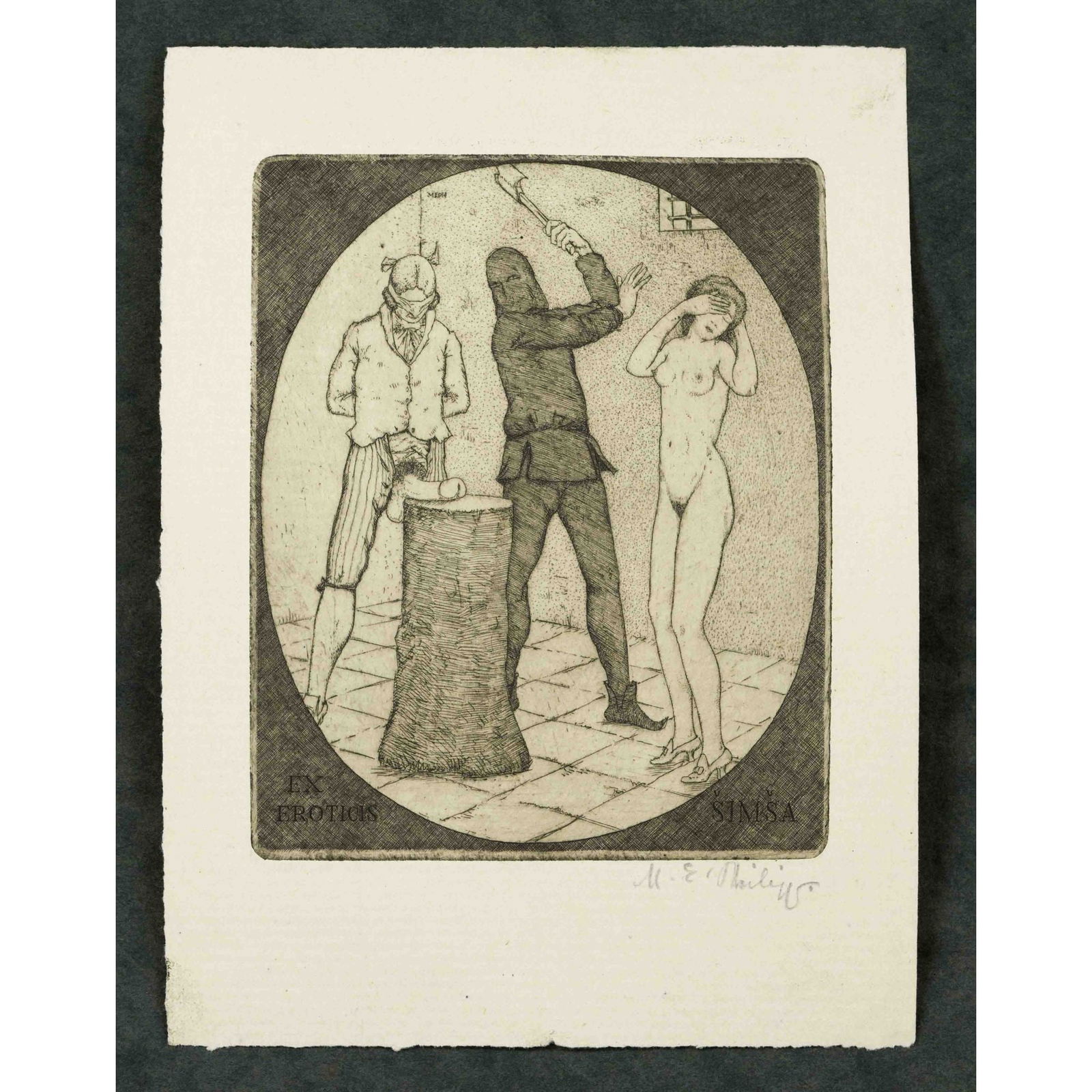 Erotica -- Convolute of 4 etchin: Erotica -- Convolute of 4 etchings with erotic and fetishistic depictions: Etching by Meph, i.e. Martin Erich Philipp (1887-1978), ''Ex Libris Eroticis Simsa'', signed by hand, anonymous etching of an