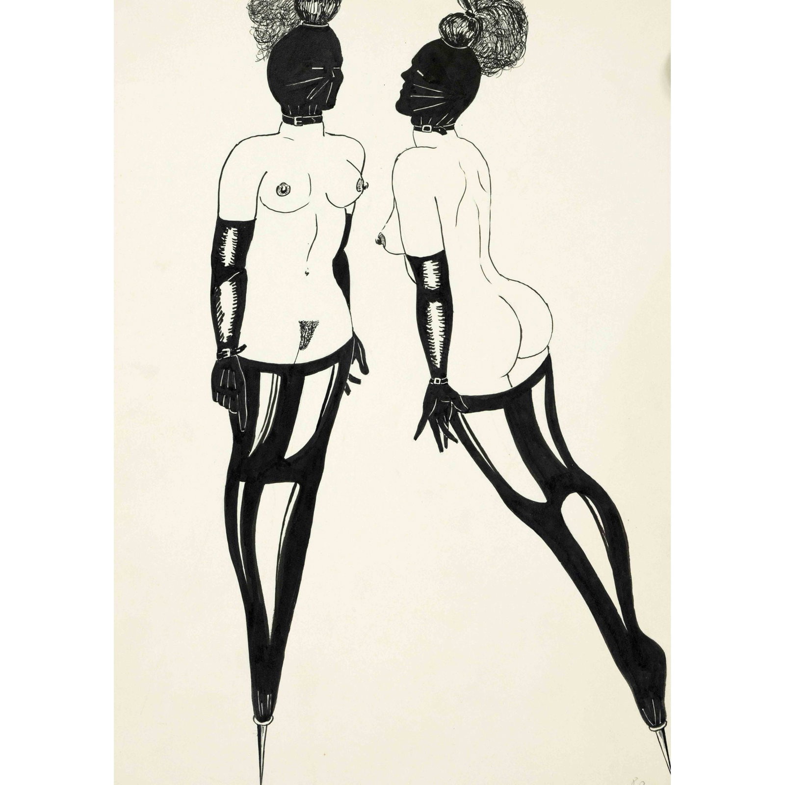 Erotica -- anonymous artist c. 1: Erotica -- anonymous artist c. 1970, three explicitly erotic drawings with dominatrix and SM motifs, pen and brush drawings on paper, unsigned, up to 32 x 21 cm