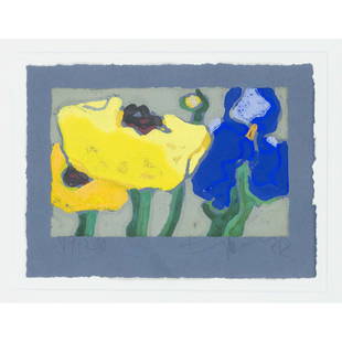 Klaus Fussmann (*1938), Iris und: Klaus Fussmann (*1938), Iris und gelber Mohn, 2002, color linoleum cut on blue laid paper, signed lower right and numbered lower left 89/200, 16.5 x 22.5 cm, matted and framed behind glass 31 x 38 cm