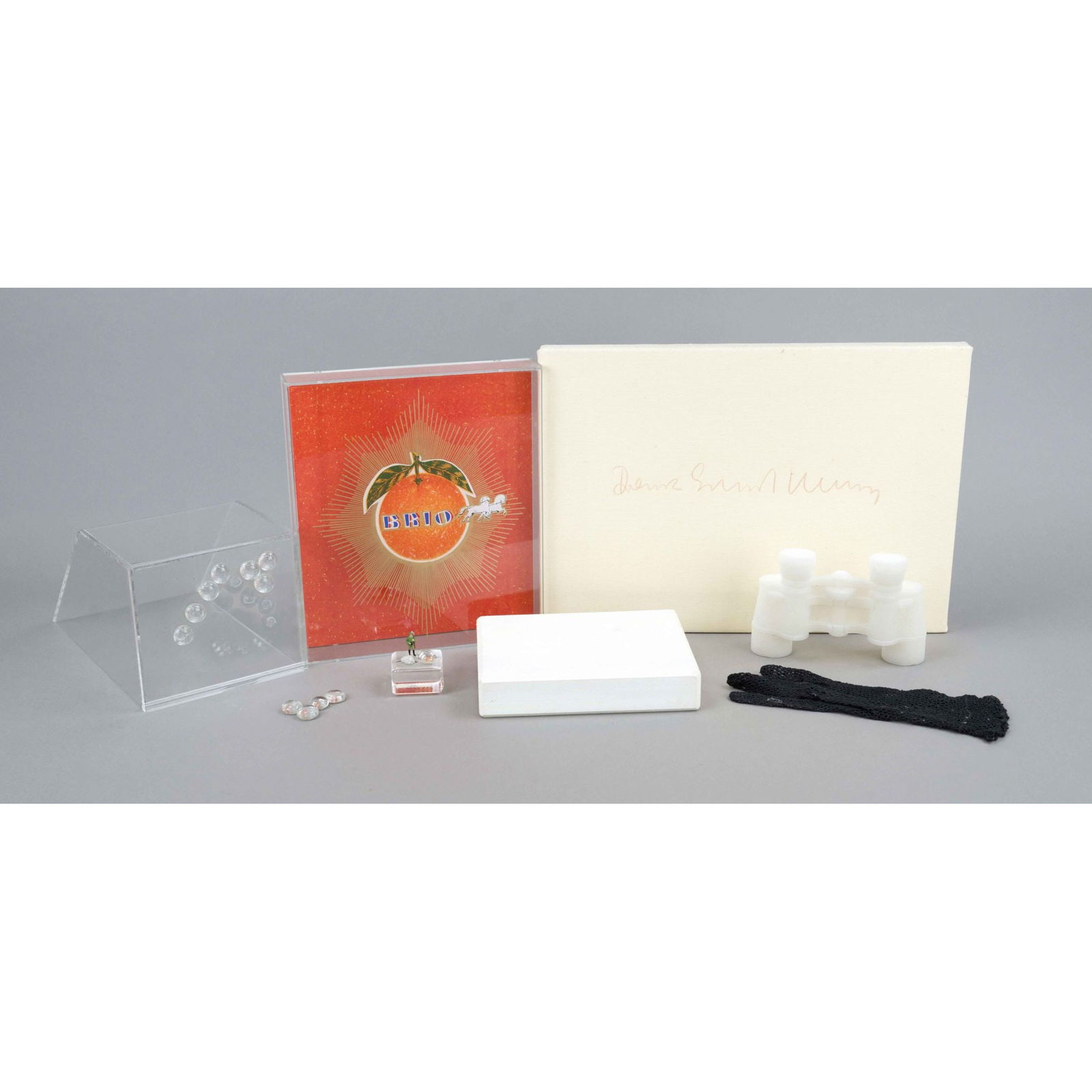 Multiple Box en-bloc, series of: Multiple Box en-bloc, series of five multiples by Kazuo Katase, Franz Erhard Walther (*1939), Thomas Virnich (*1957), Gloria Friedmann (*1950) and Guillaume Bijl (*1946), different techniques, formats