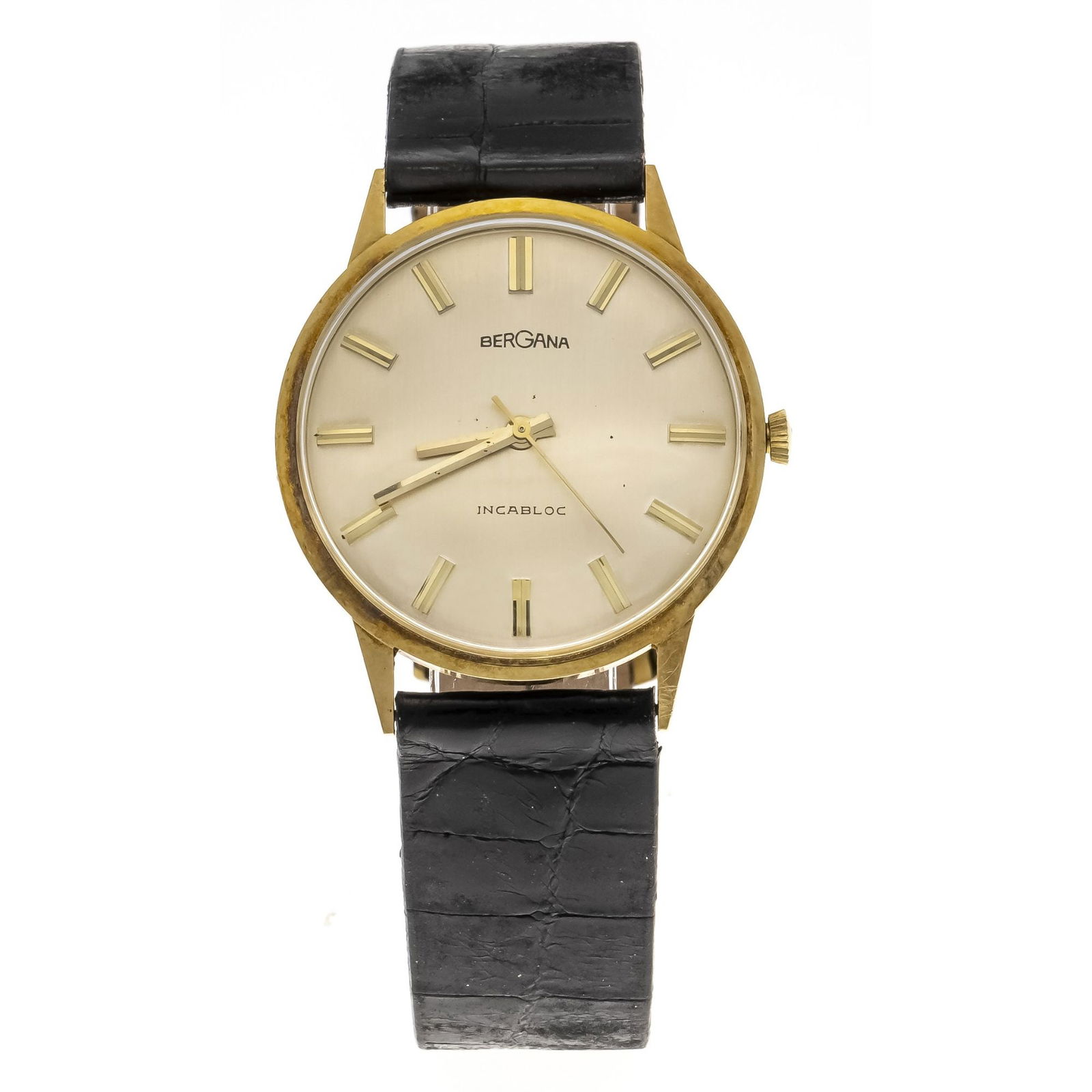 Bergana, men's watch 585/000 GG, ma: Bergana, men's watch 585/000 GG, manual winding Cal. ETA 2450 running, Ref. 16275 circa 1975, gold-colored dial with gold-plated bar indices, gold-plated hands center second, plexiglass, pressure cove