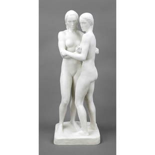 Richard Scheibe (1879-1964), two: Richard Scheibe (1879-1964), two sisters, large group of two female nudes in a loose embrace, biscuit porcelain, marked KPM with sceptre in blue on the underside, h. 61.5 cm