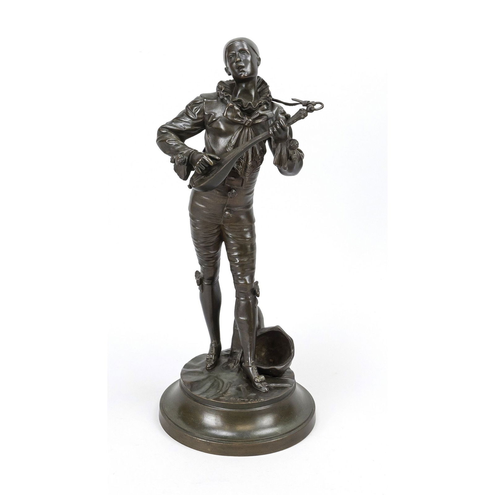 Adolphe Jean Lavergne (1863-1892: Adolphe Jean Lavergne (1863-1892), French sculptor, active in Paris, Pierrot with mandolin. Bronze, dark brown patina, signed Young man in Pierrot costume standing at a small spring, performing a song