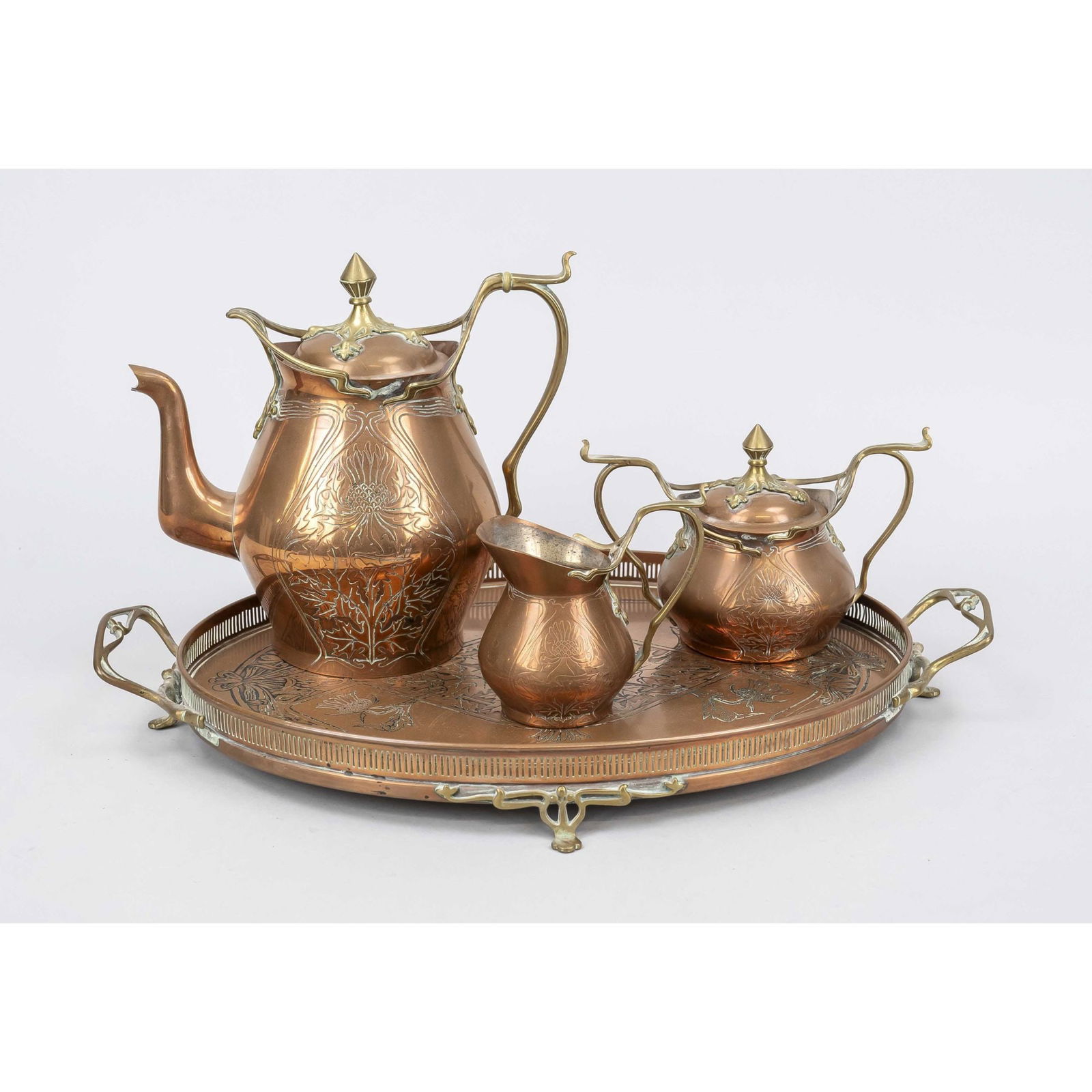 Art Nouveau tea set, c. 1900, copper (1 of 1)