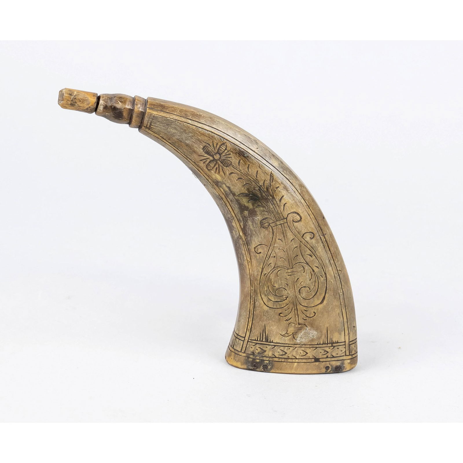 Powder flask, 17th century. Horn body: Powder flask, 17th century. Horn body pressed into a flat shape, both sides with incised decoration: Av coat of arms with crest, above "1644" (?), below owner's monogram "+W+V+D+" Rv lyre-shaped decor