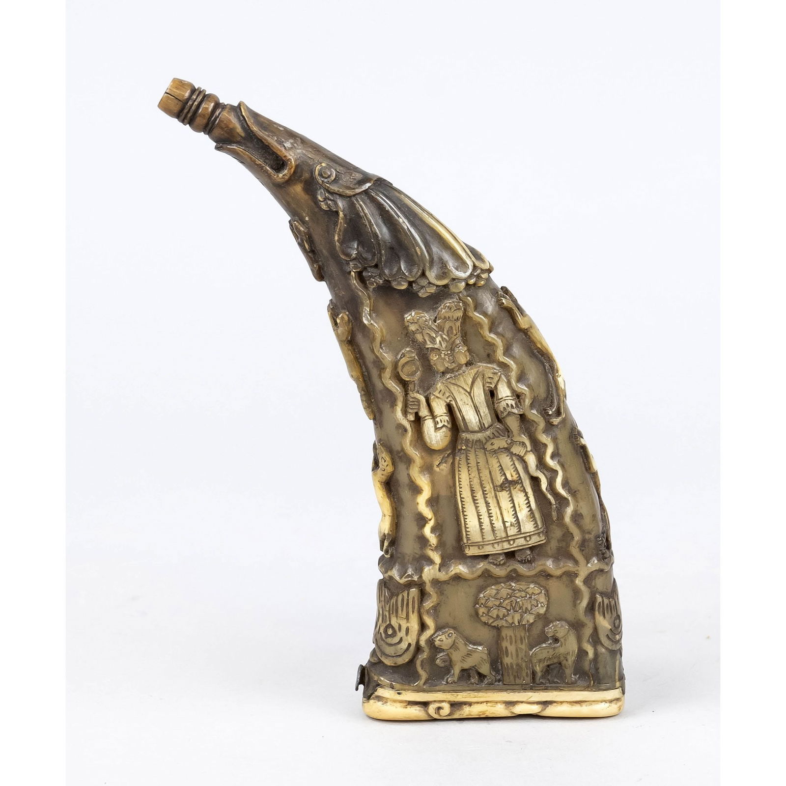 Powder flask, dated 1620, horn body c: Powder flask, dated 1620, horn body carved and polished all over. Scenic depiction of an executioner with sword and severed head or person with Janus head, in his hands a snake or a mirror. Below 2 li