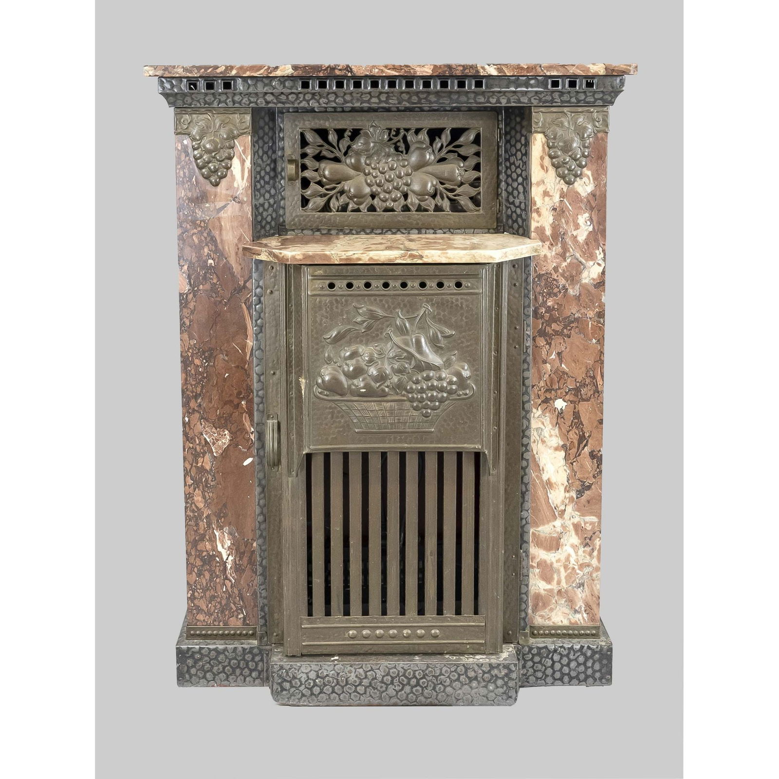 Fireplace with stove, late 19th cen: Fireplace with stove, late 19th century, Renaissance-style openwork hinged door framed by tiles with floral decoration. Inside a stove, rubbed and slightly chipped, 80 x 95 x 32 cm