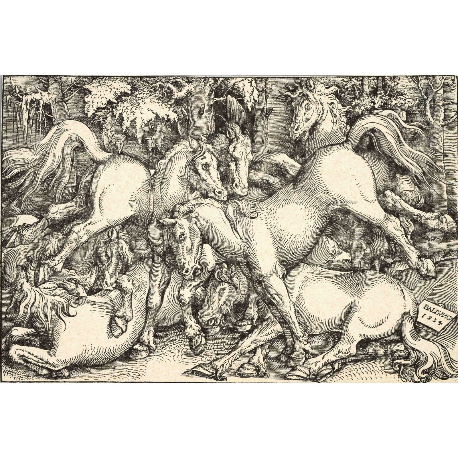 Hans Baldung Grien (1484/85-1545),: Hans Baldung Grien (1484/85-1545), "Die sieben Pferde", woodcut on laid paper mounted on laid paper, signed and dated 1534 in the lower right corner, with a narrow margin around the framing line, impr